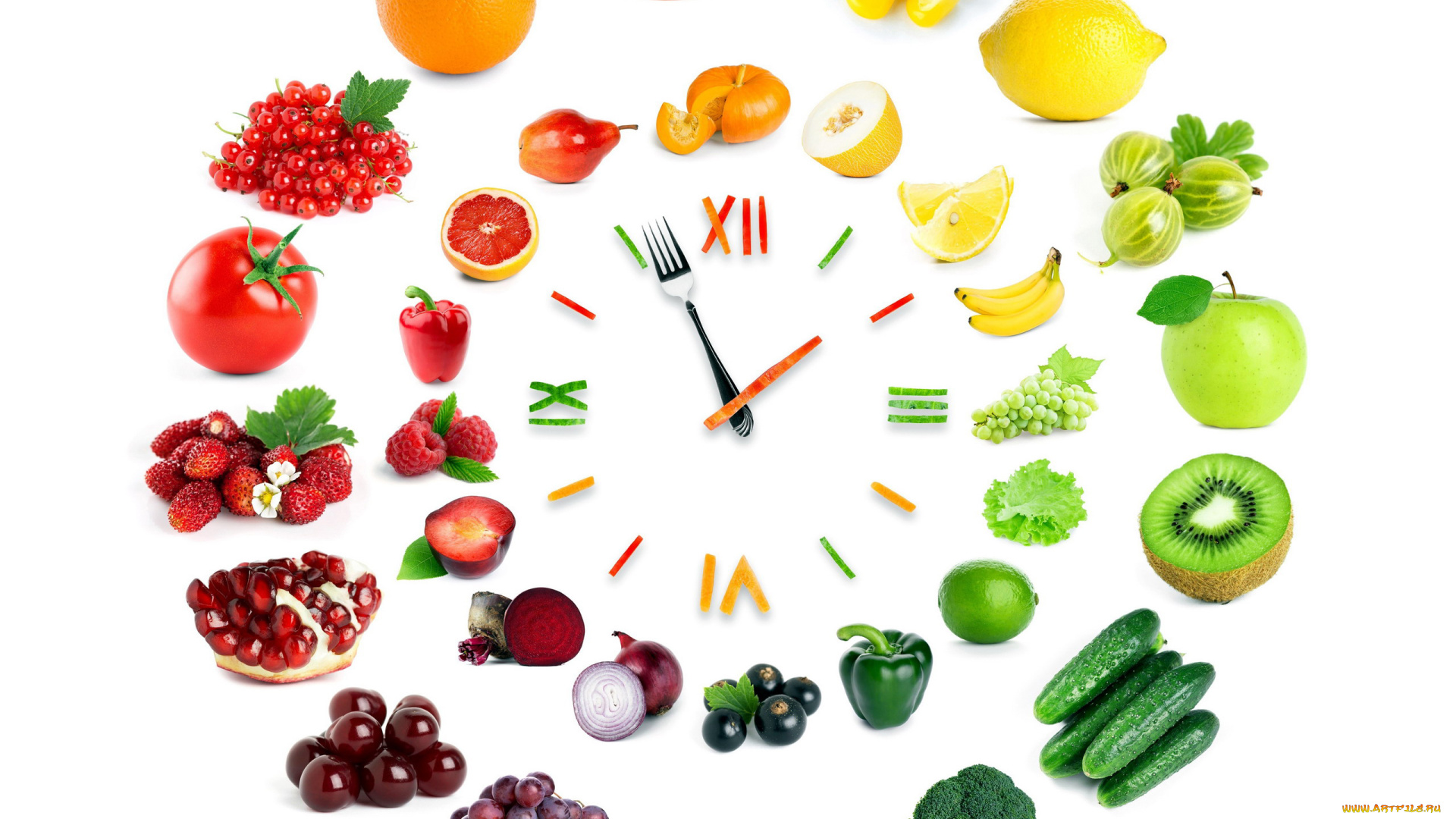 еда, фрукты, и, овощи, вместе, фрукты, ягоды, овощи, часы