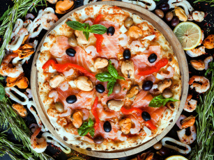 Картинка еда пицца мидии креветки базилик розмарин