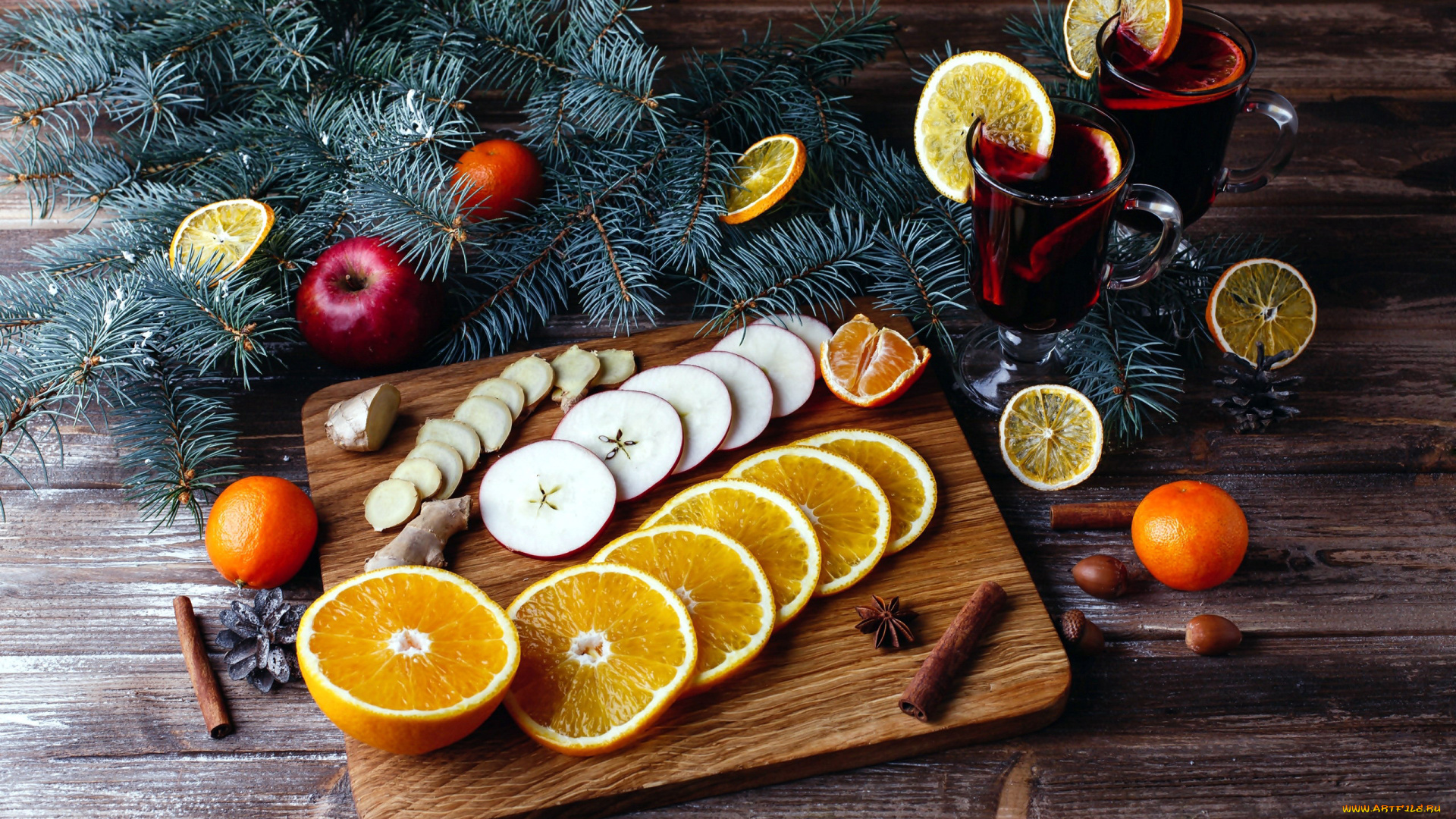 праздничные, угощения, глинтвейн, апельсин, яблоки