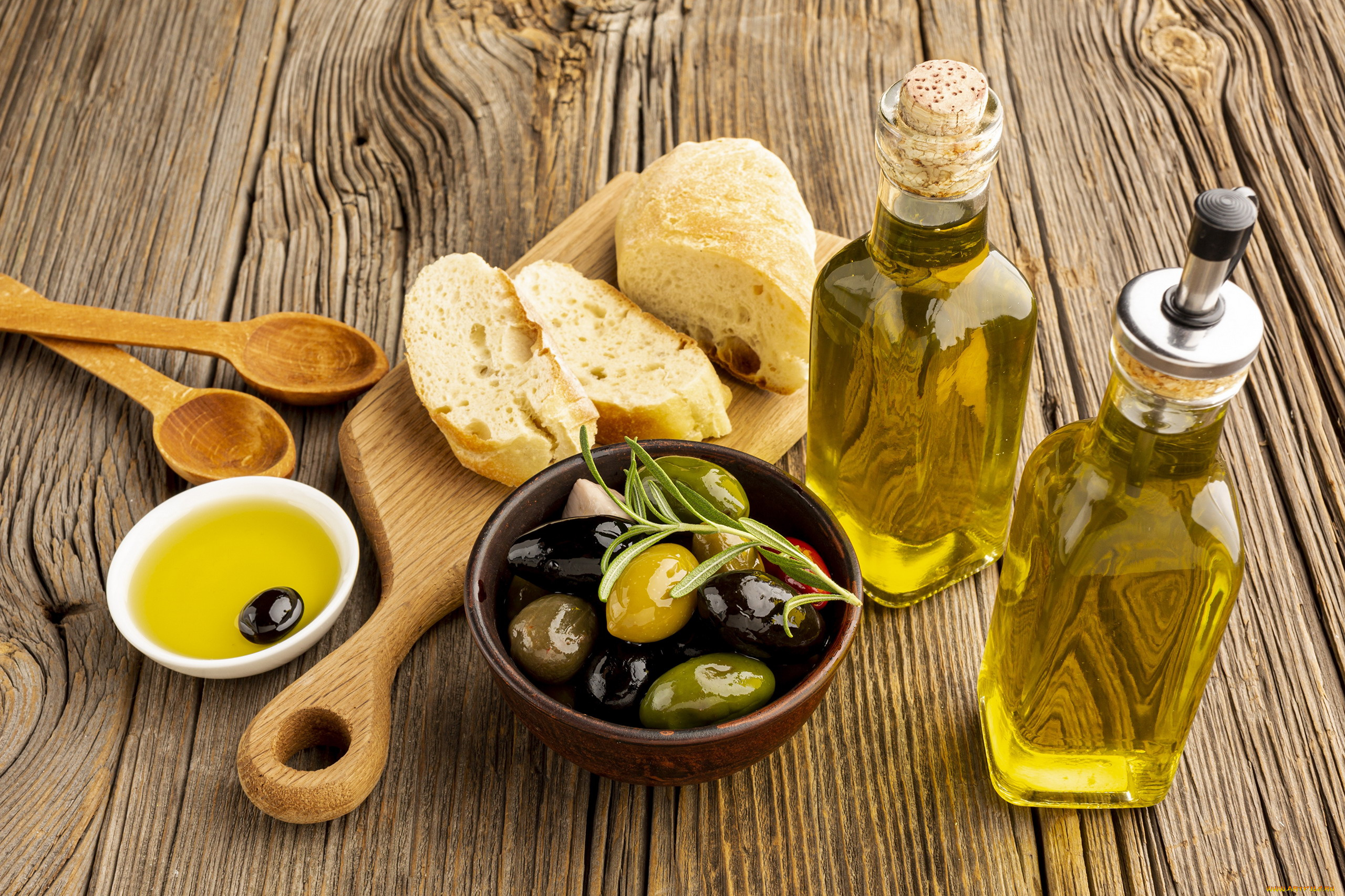 еда, оливки, багет, маслины, розмарин, масло