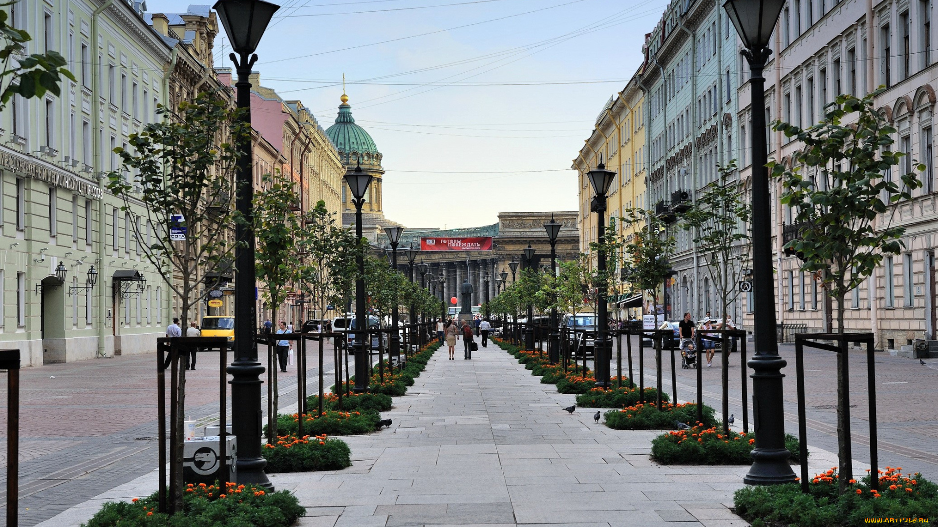 города, санкт-петербург, , петергоф, , россия, санкт, петербург, дома, проспект, деревья, улица, фoнари