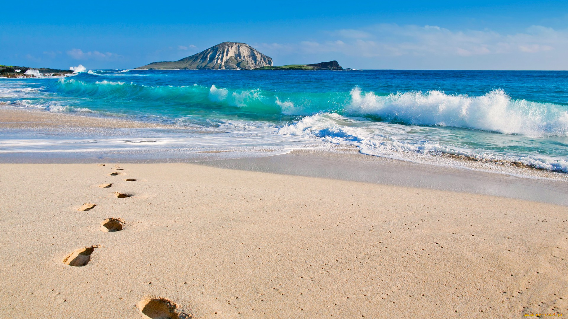 makapuu, beach, oahu, hawaii, природа, побережье, следы, скала, песок, пляж, океан