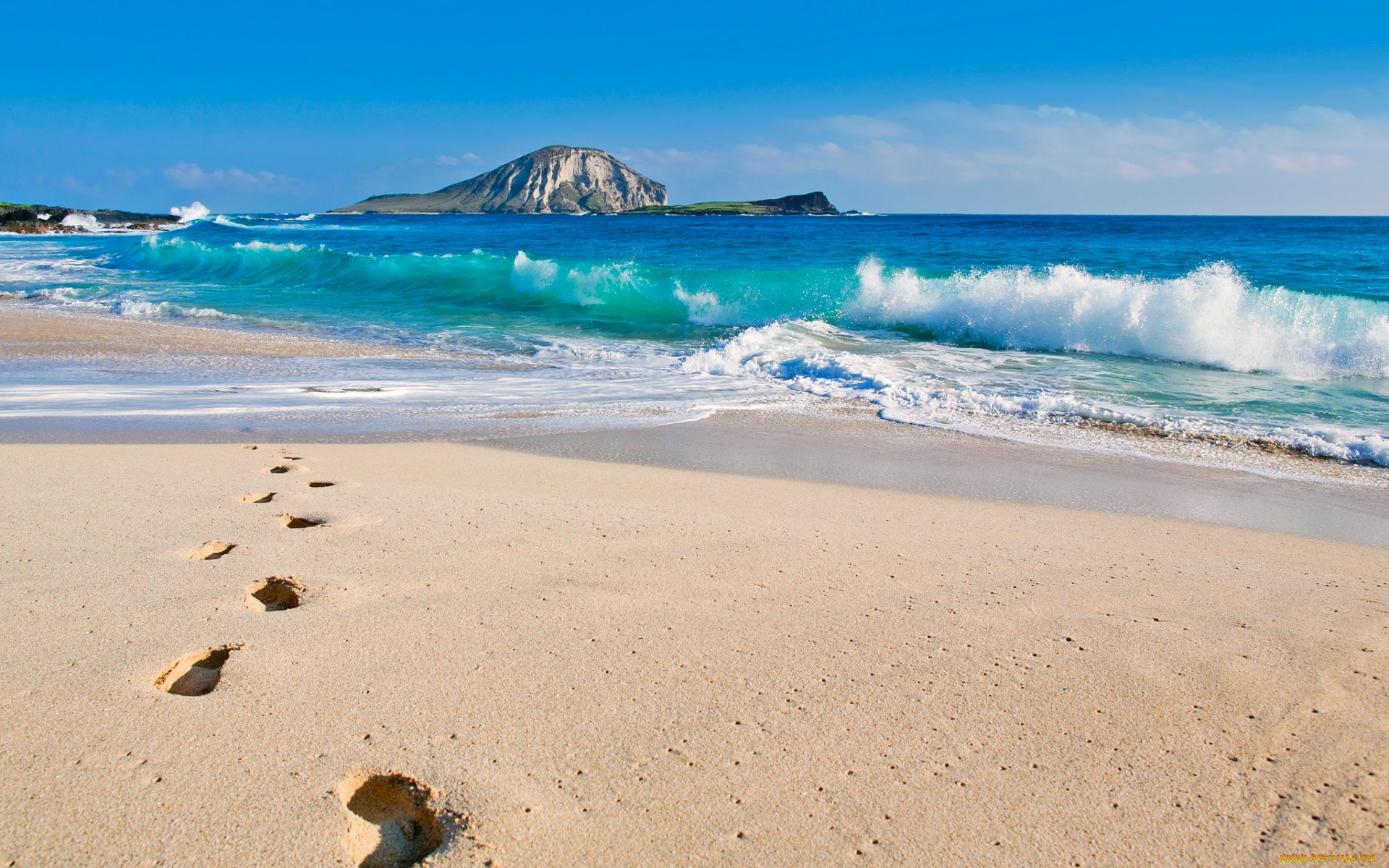 makapuu, beach, oahu, hawaii, природа, побережье, следы, скала, песок, пляж, океан