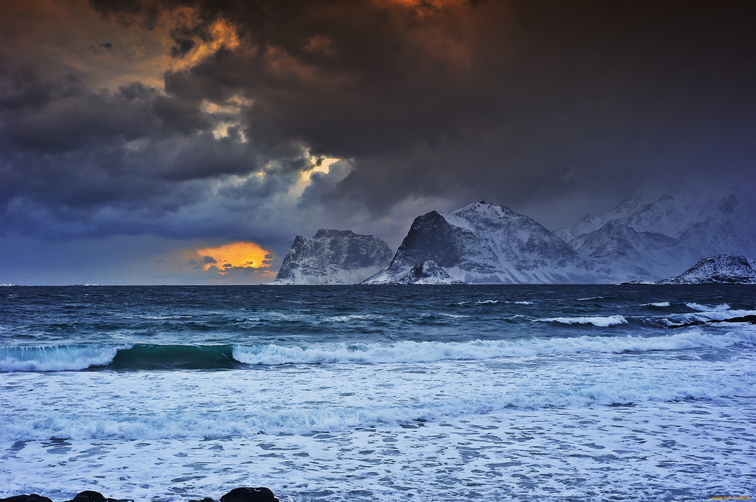 природа, моря, океаны, волны, норвежское, море, горы