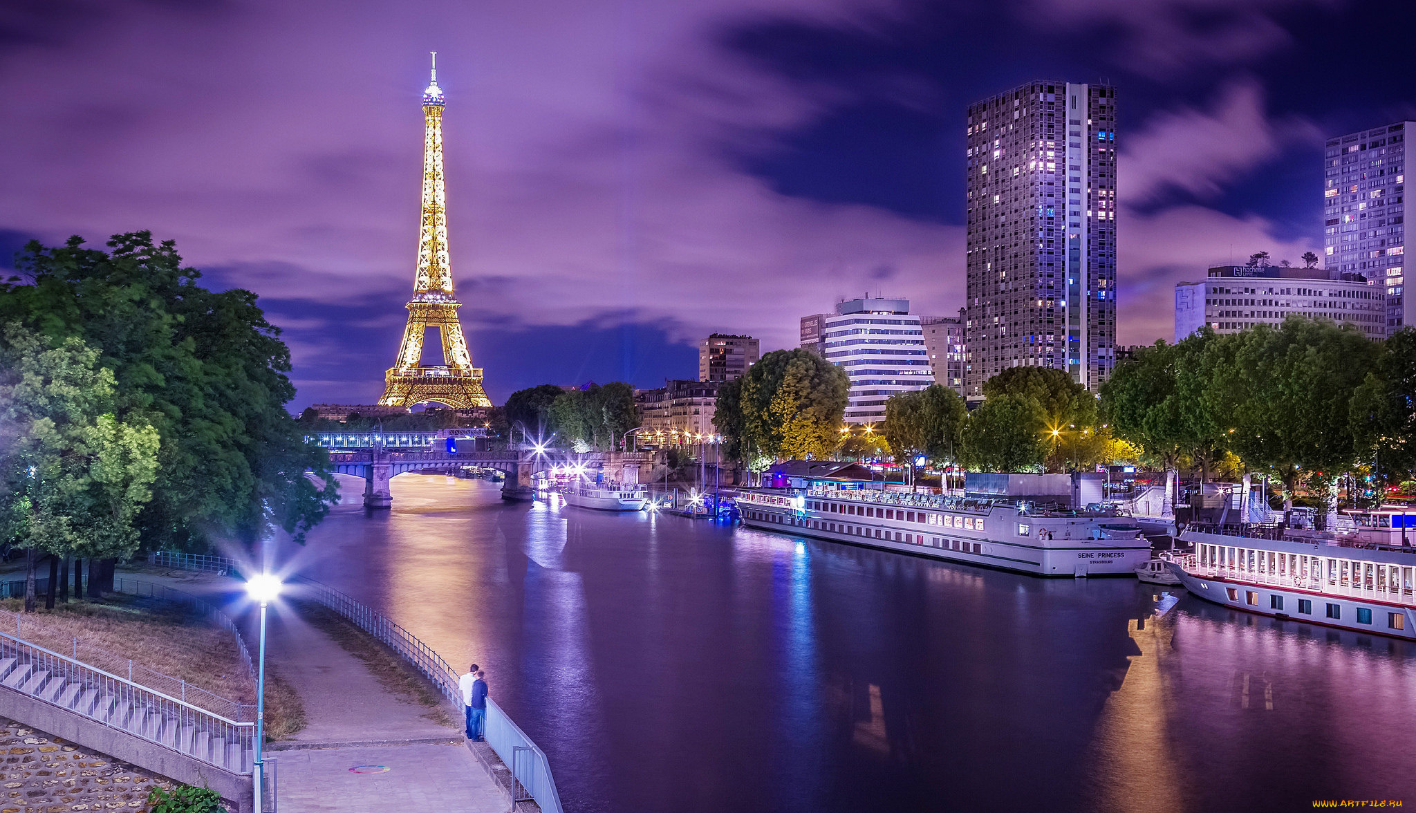 города, париж, , франция, ночь, река, башня