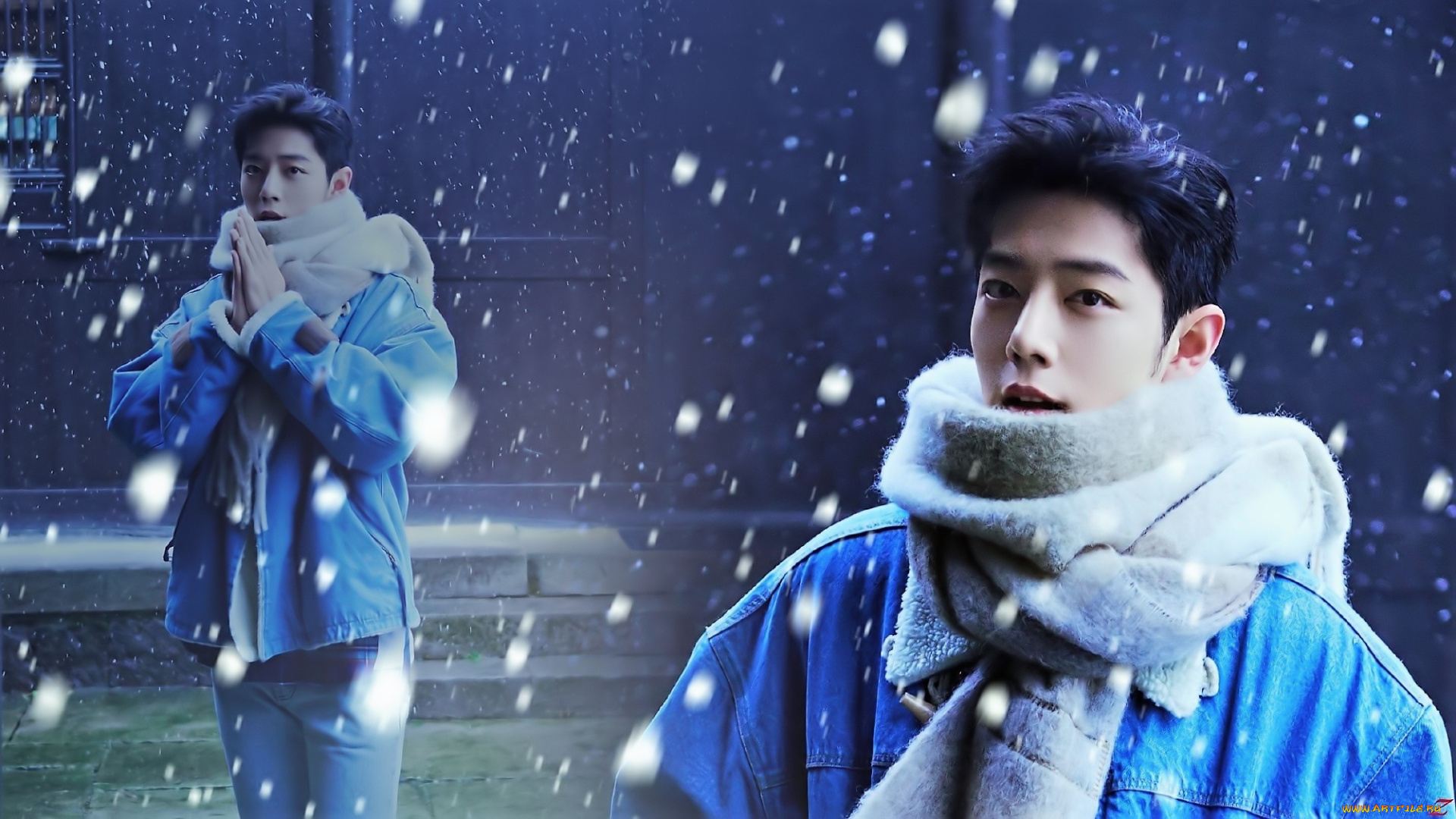 мужчины, xiao, zhan, актер, куртка, шарф, снег