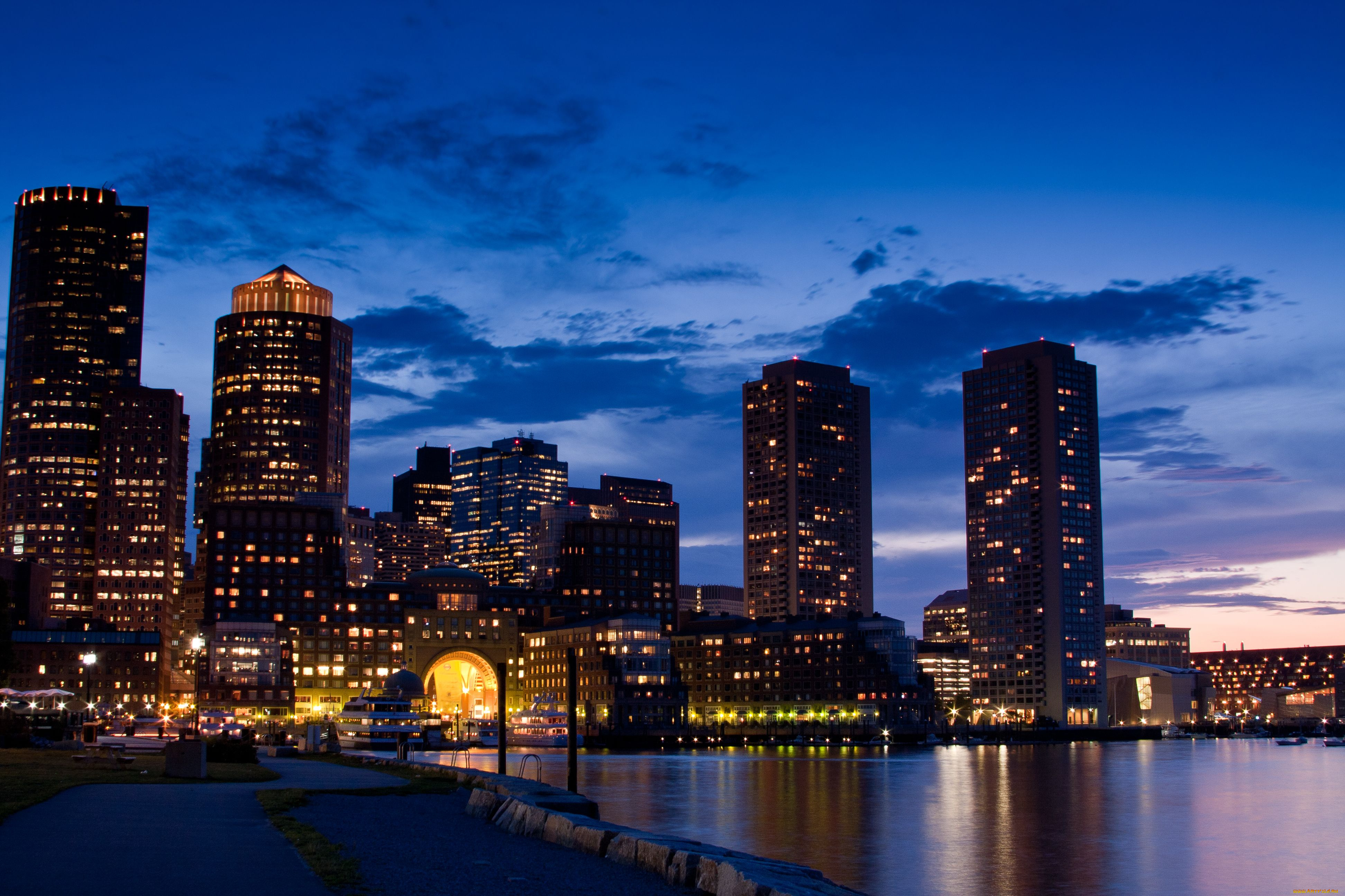 boston, города, огни, ночного