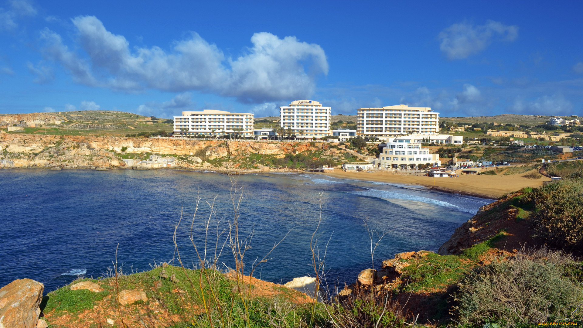 ghain, tuffieha, malta, города, пейзажи, море, дома, набережная