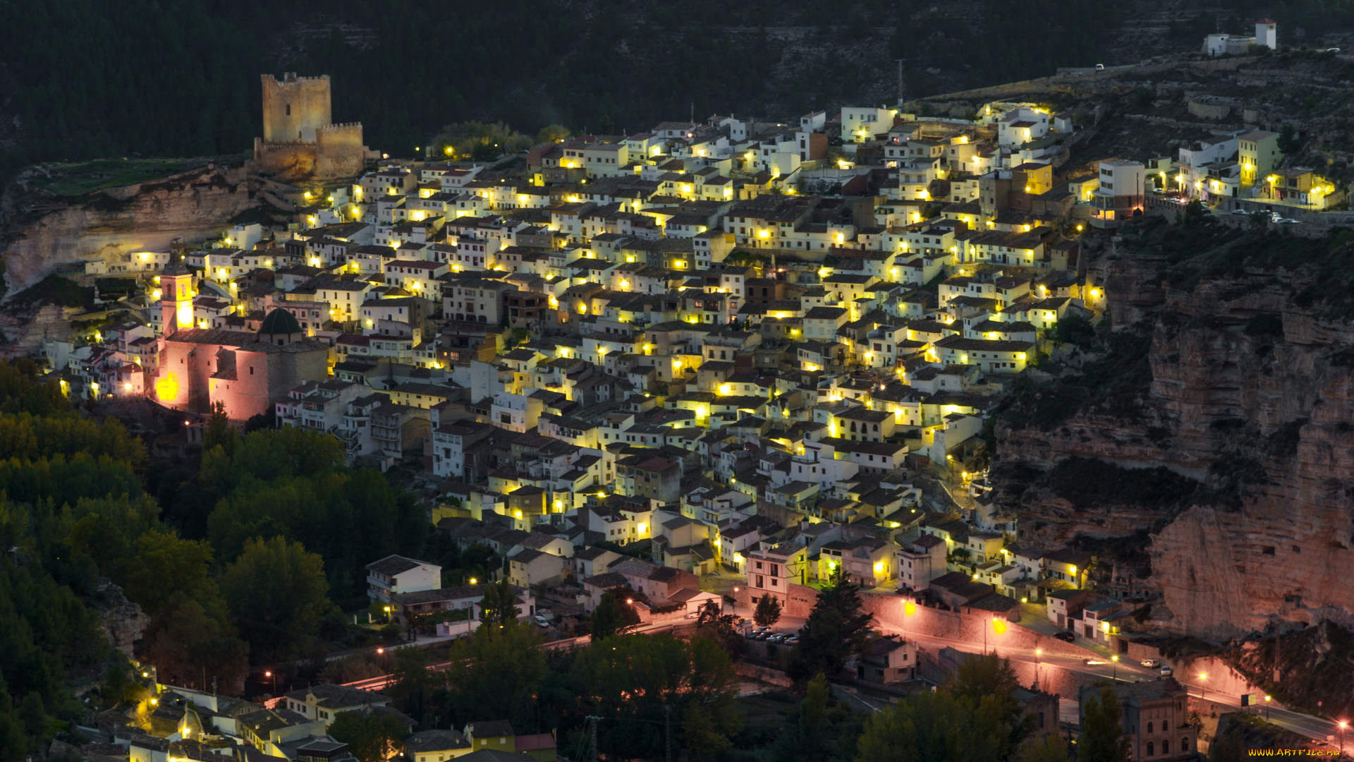 испания, кастилия, альбасете, города, огни, ночного, ночь, дома