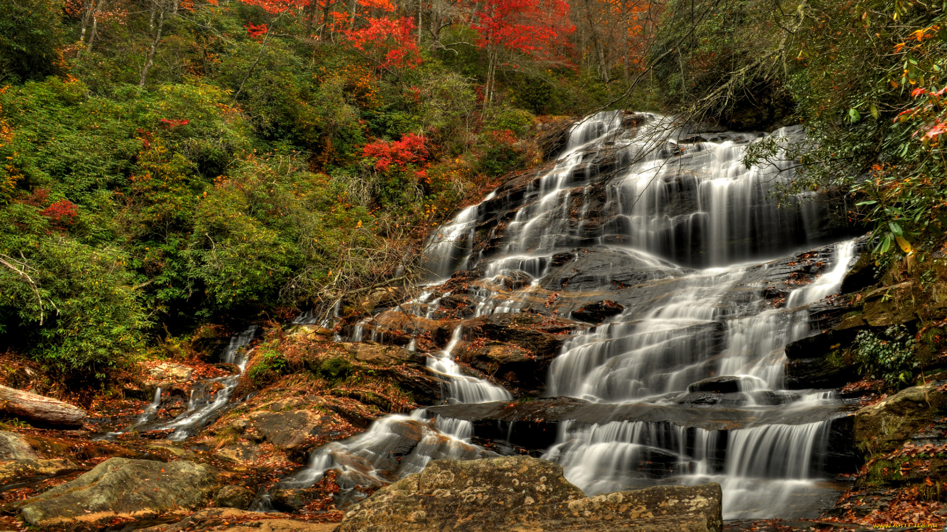 природа, водопады, вода, камни, поток, осень