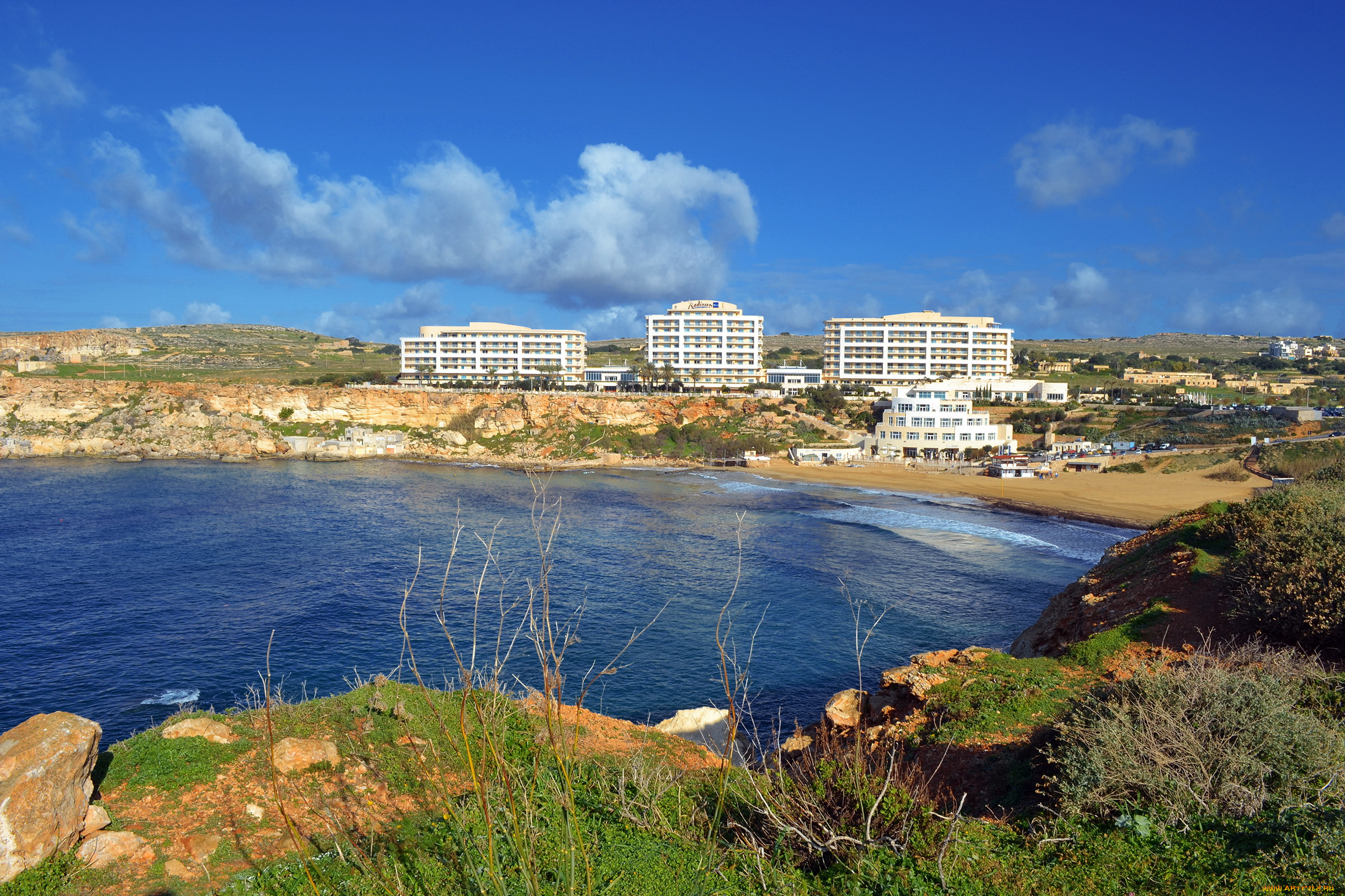 ghain, tuffieha, malta, города, пейзажи, море, дома, набережная