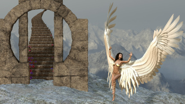Картинка 3д+графика angel+ ангел цветы крылья лестница девушка взгляд