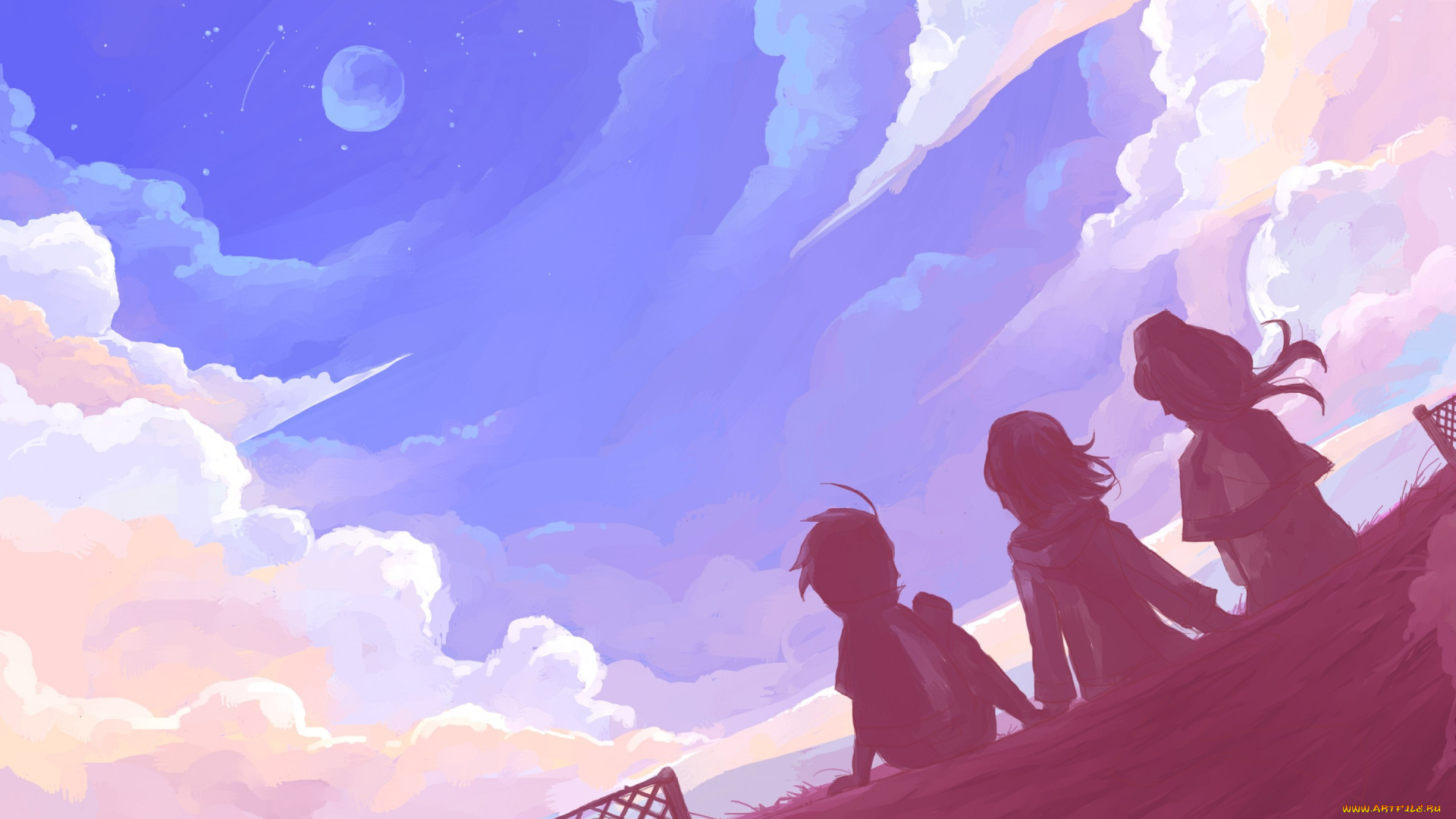 аниме, unknown, , другое, небо, звезды, облака, арт, друзья, луна