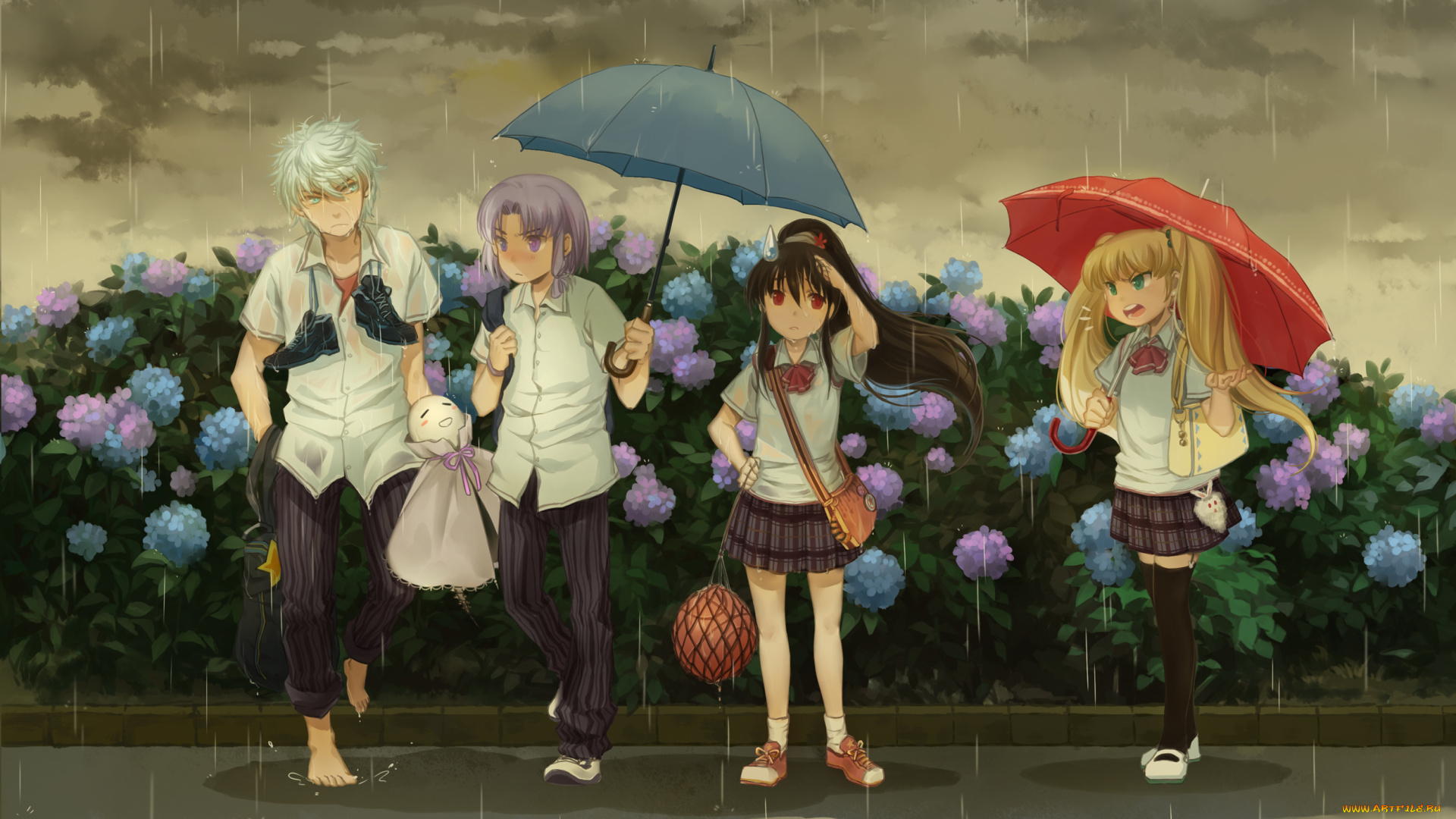 аниме, unknown, , другое, парни, девушки, huazha01, арт, кусты, облака, небо, зонт, дождь, форма, школьники