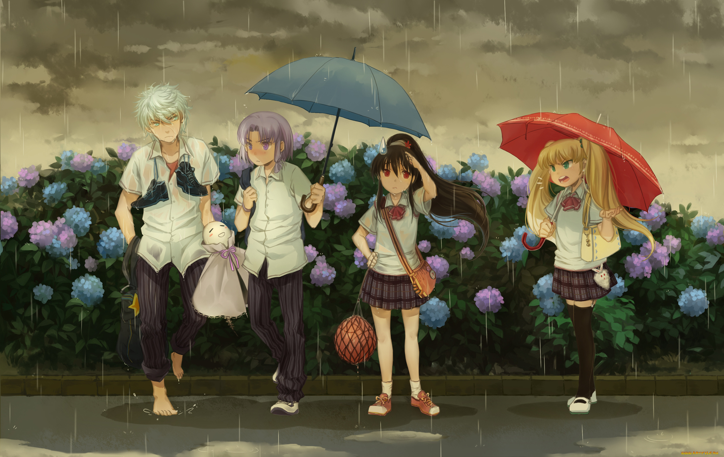 аниме, unknown, , другое, парни, девушки, huazha01, арт, кусты, облака, небо, зонт, дождь, форма, школьники