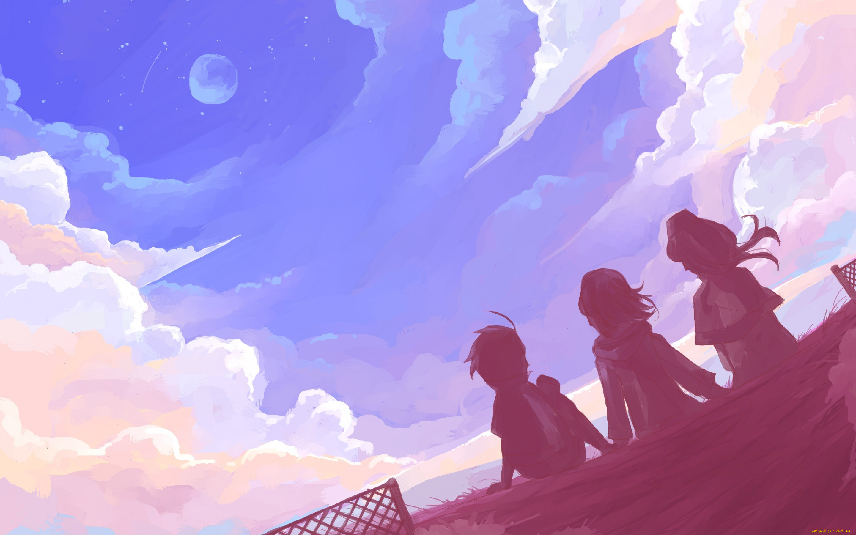 аниме, unknown, , другое, небо, звезды, облака, арт, друзья, луна