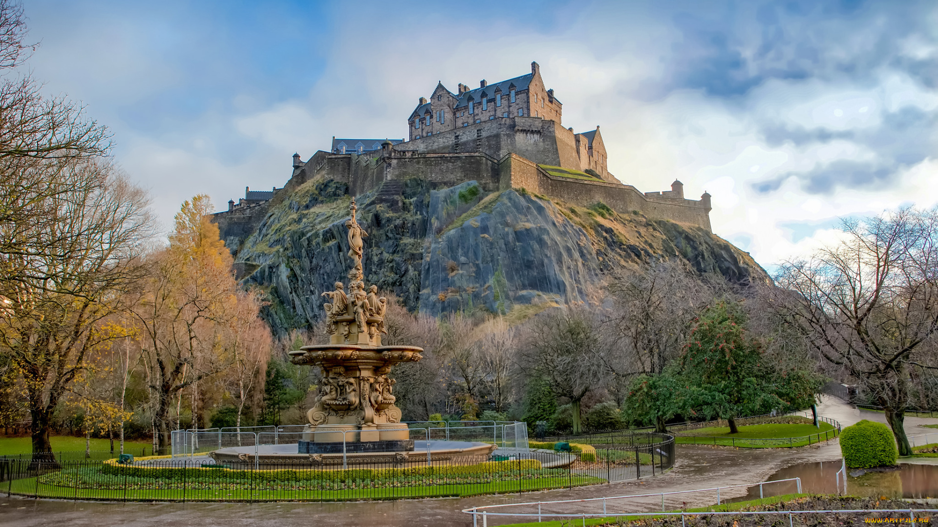 edinburgh, castle, and, ross, fountain, города, эдинбург, , шотландия, фонтан, замок, скала