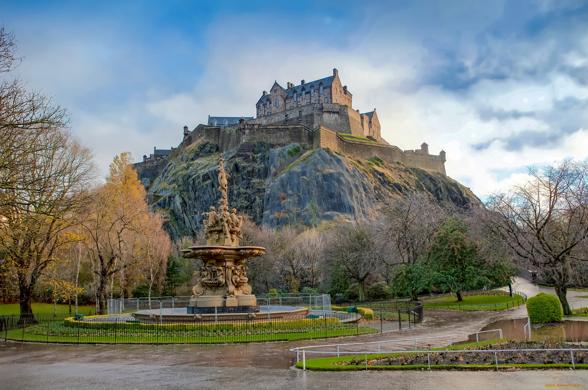 edinburgh, castle, and, ross, fountain, города, эдинбург, , шотландия, фонтан, замок, скала