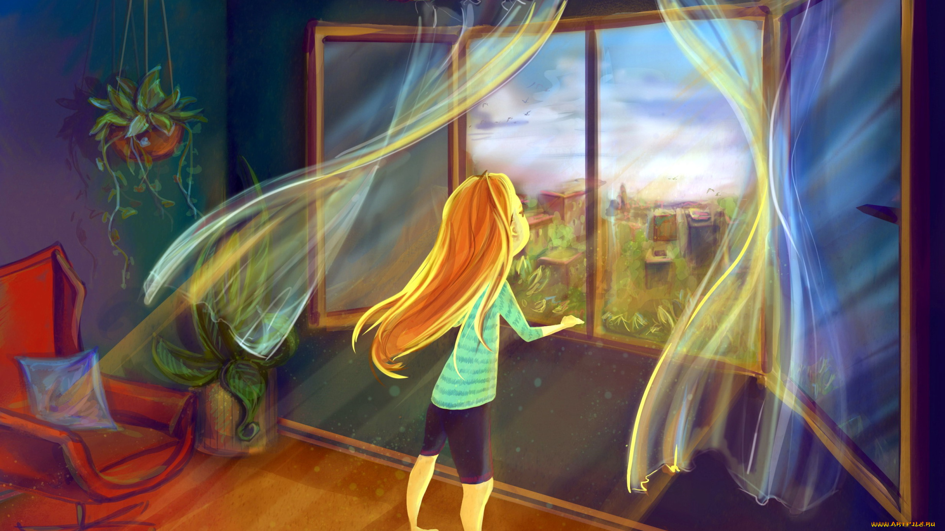 рисованное, дети, девочка, окно, комната, ветер