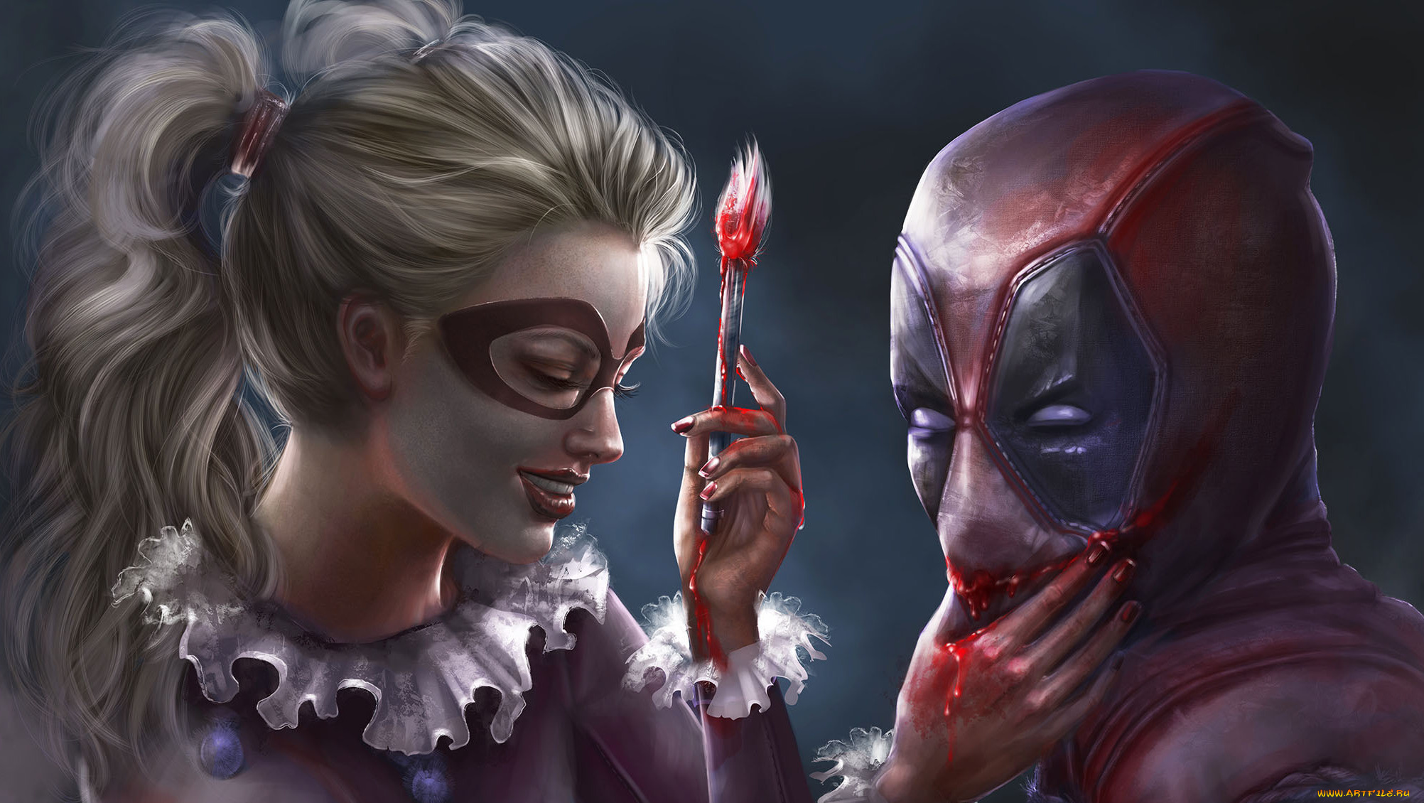 рисованное, комиксы, улыбка, кисть, краска, арт, harley, quinn, deadpool