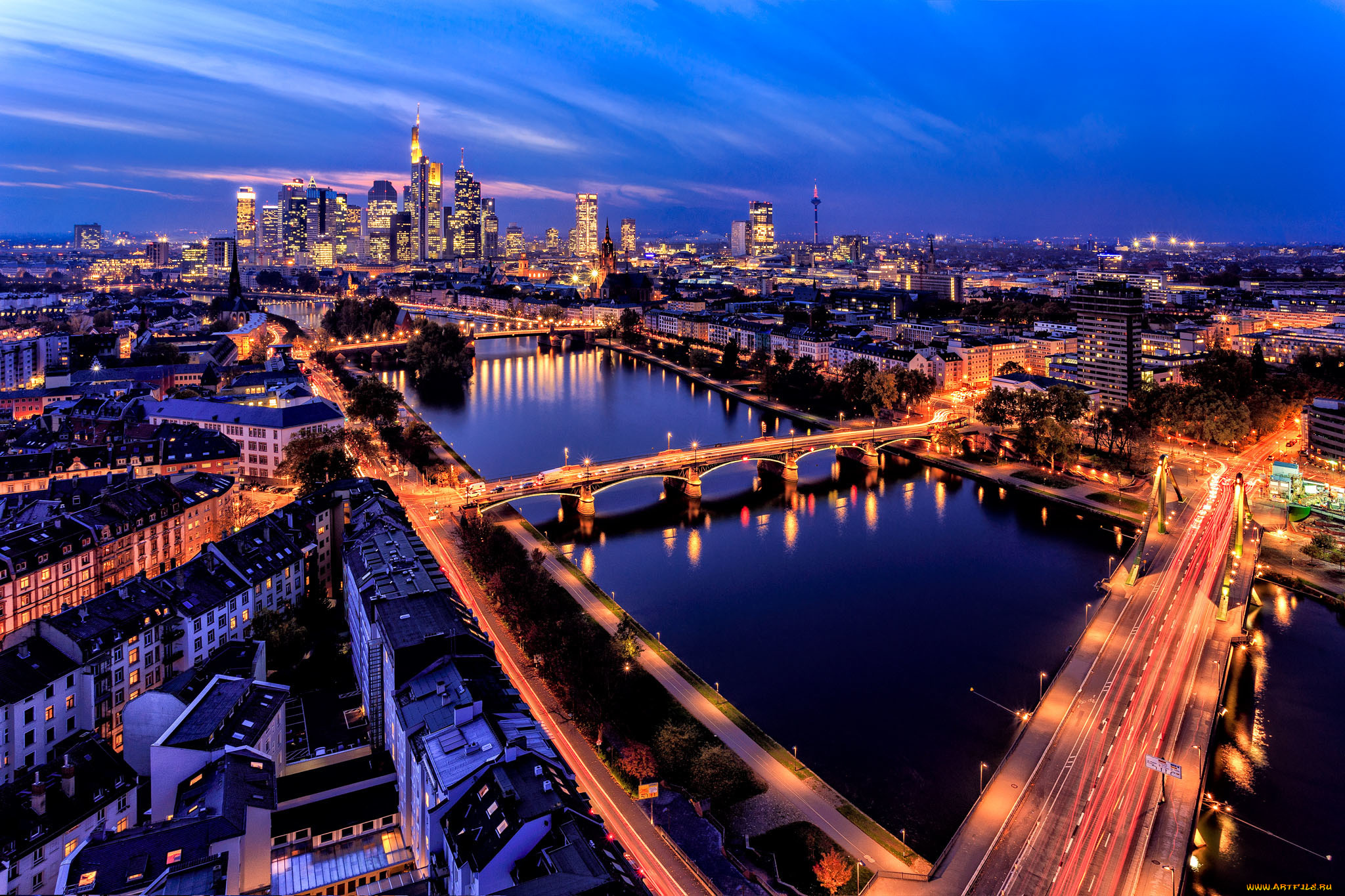 города, франкфурт-на-майне, , германия, горизонты, мосты, огни, франкфурт, ночь, небо, река