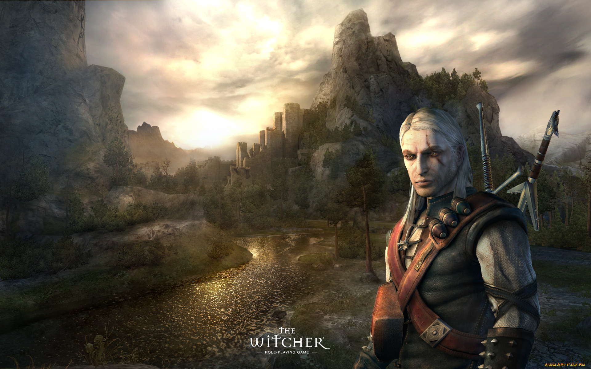 видео, игры, the, witcher, горы, геральт, крепость, оружие, река, ведьмак