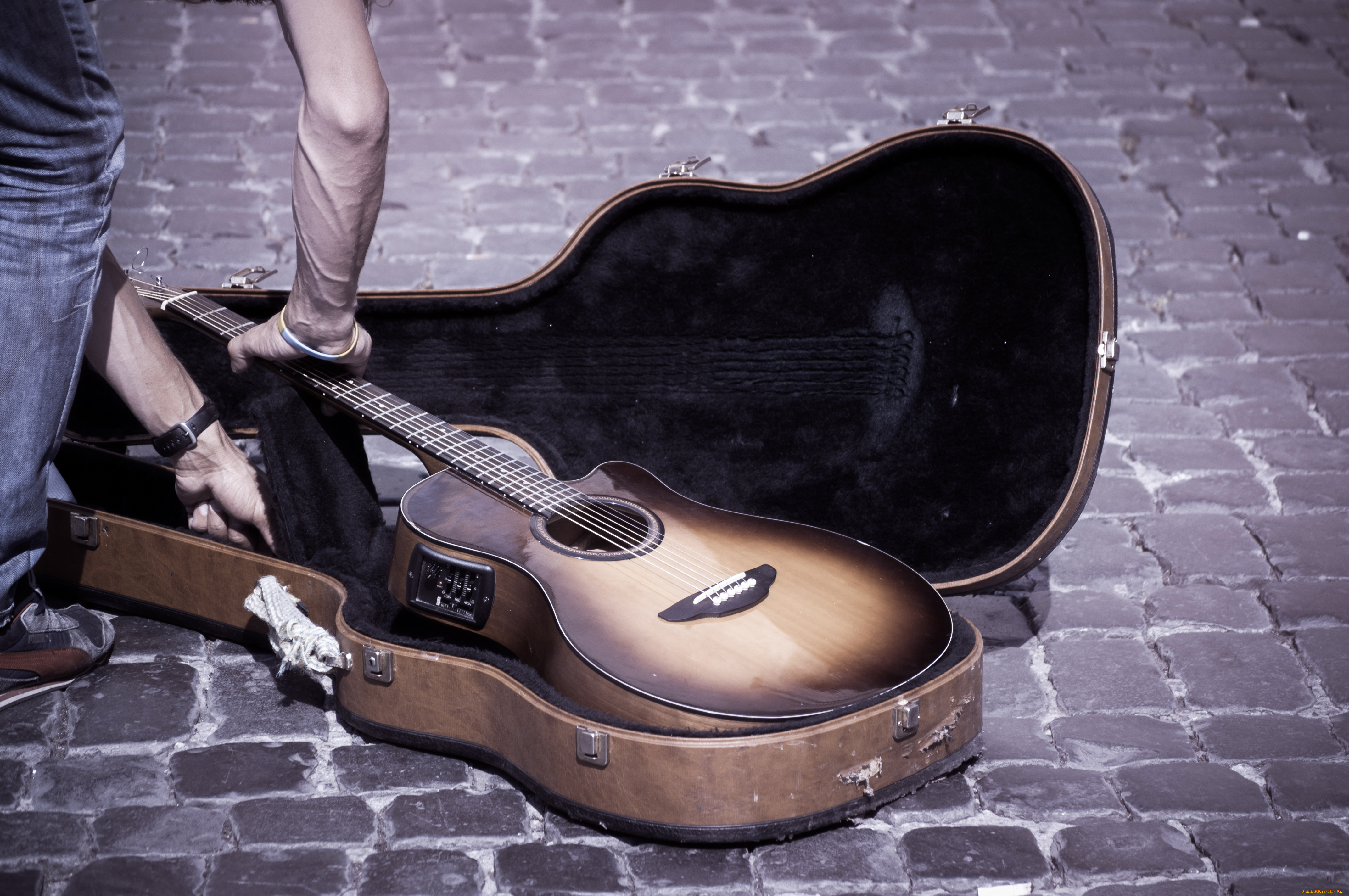 музыка, -музыкальные, инструменты, человек, улица, гитара, футляр