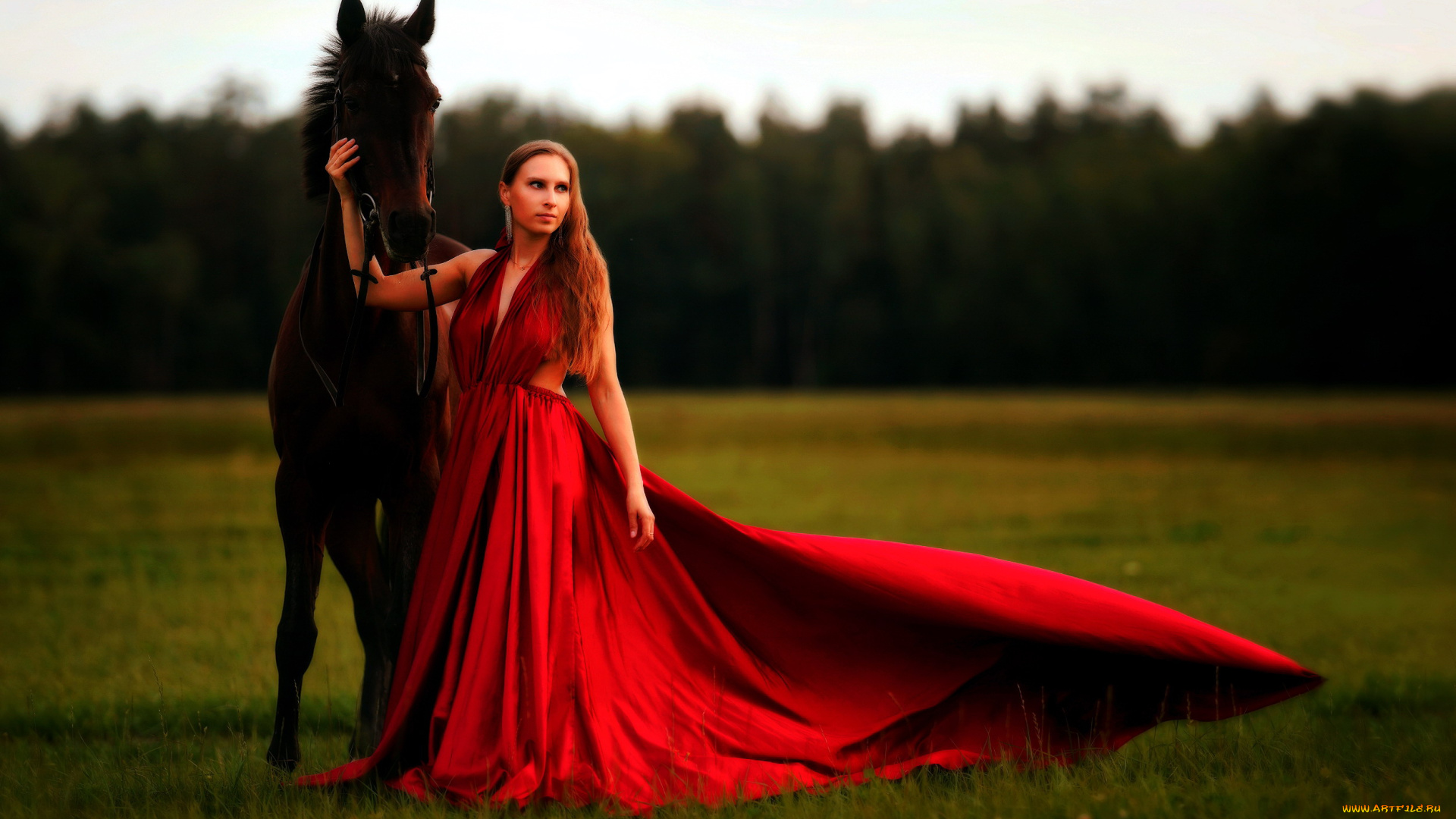 девушки, -, рыжеволосые, и, разноцветные, алое, платье, луг, лошадь