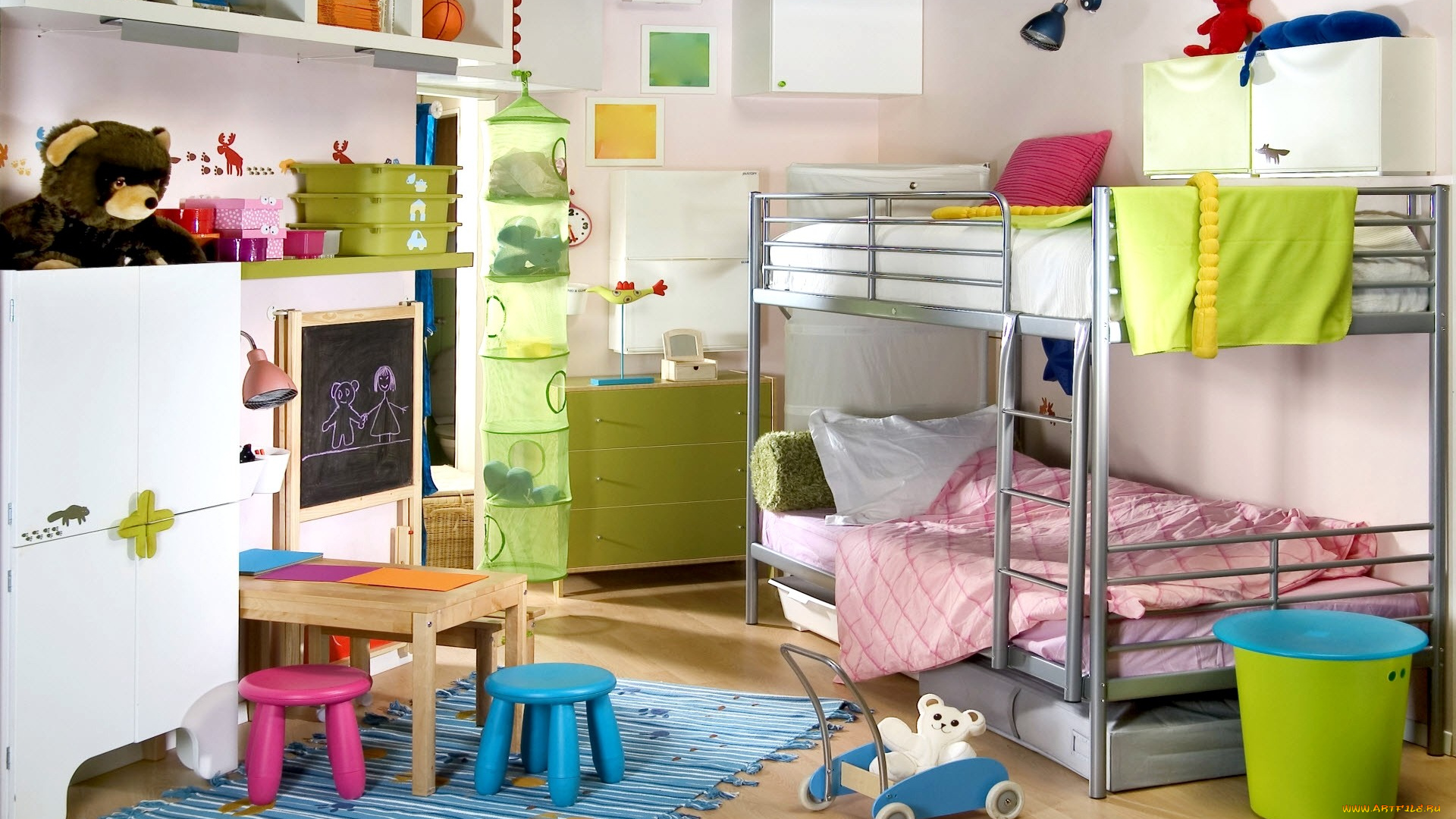 интерьер, детская, комната, игрушки, яркий, разноцветный, кровать