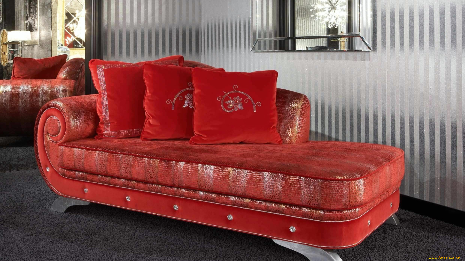интерьер, мебель, подушки, софа, красный