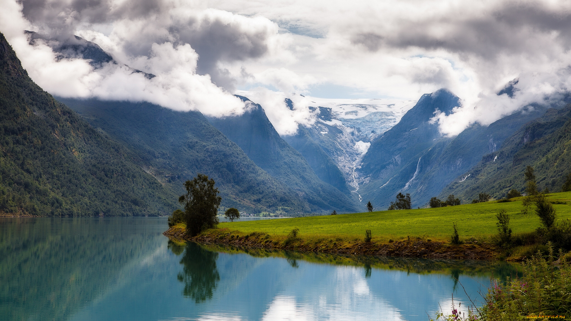 oldedalen, nordfjord, norway, природа, реки, озера, нур-фьорд, норвегия, горы, луг, облака