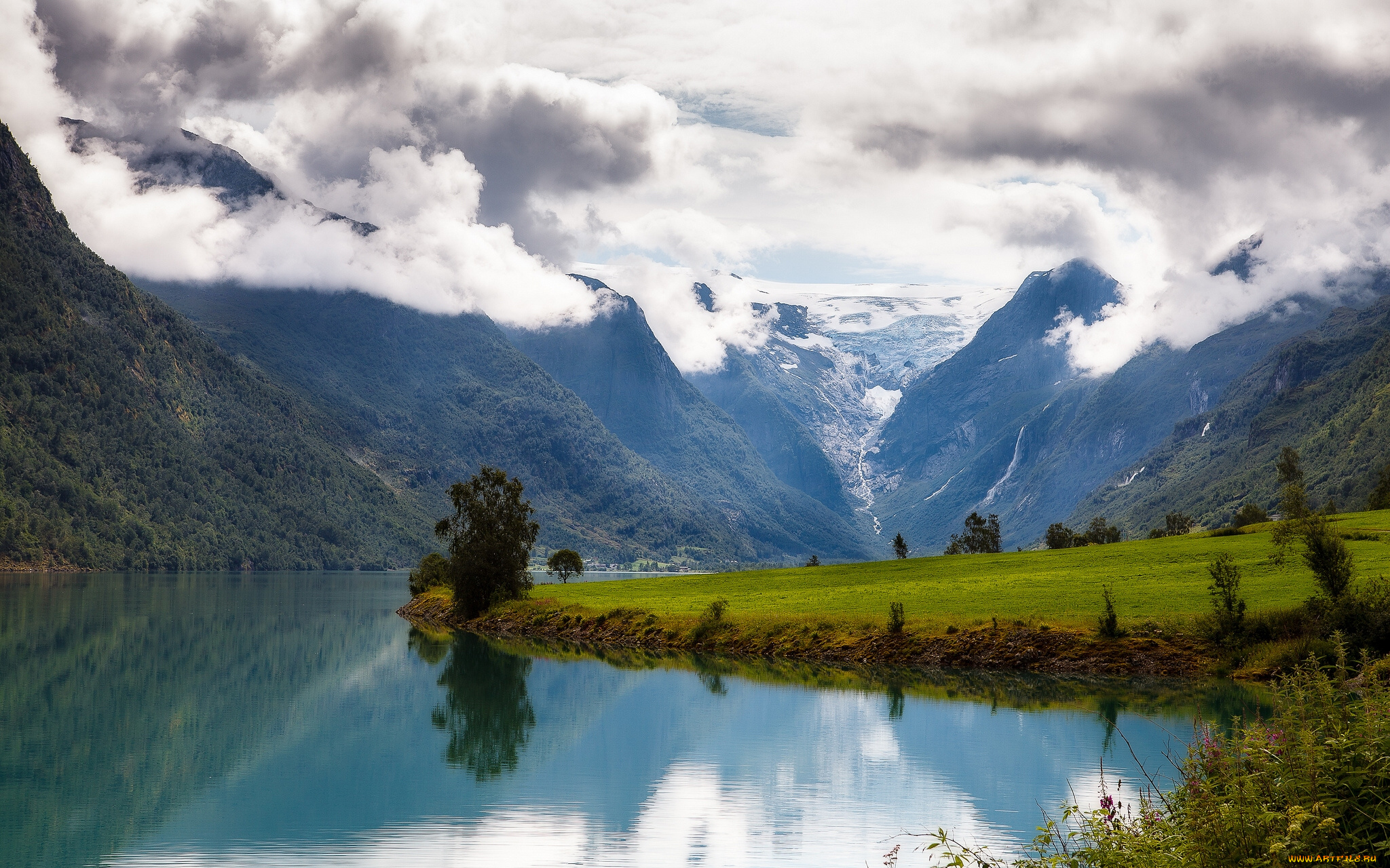 oldedalen, nordfjord, norway, природа, реки, озера, нур-фьорд, норвегия, горы, луг, облака