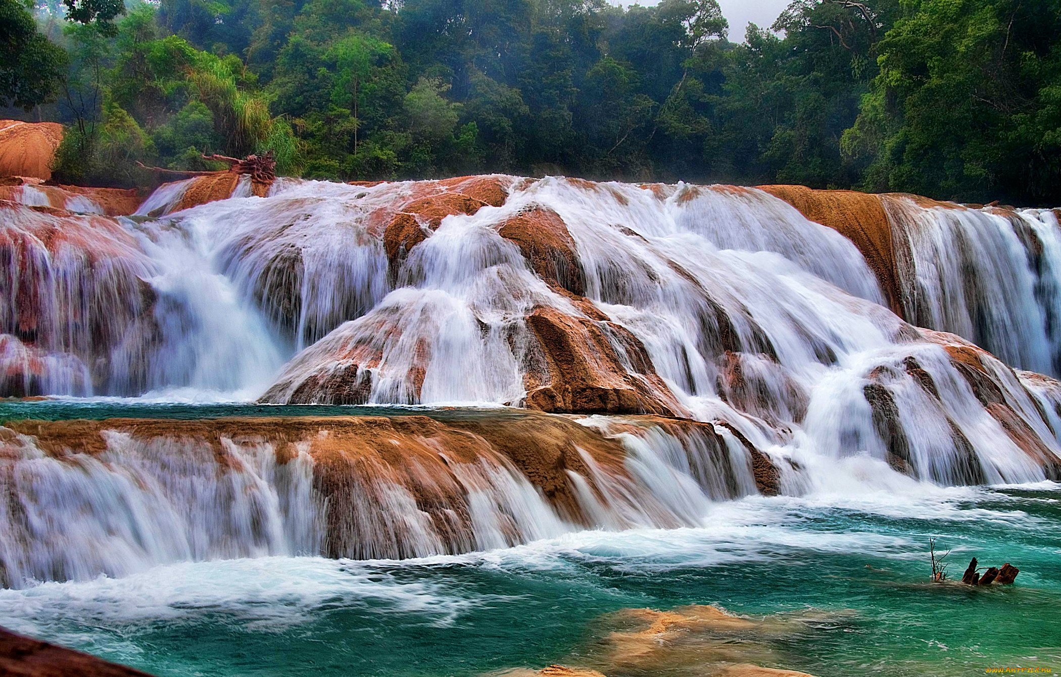 cascadas, de, agua, azul, chiapas, природа, водопады, река, лес, пороги, водопад