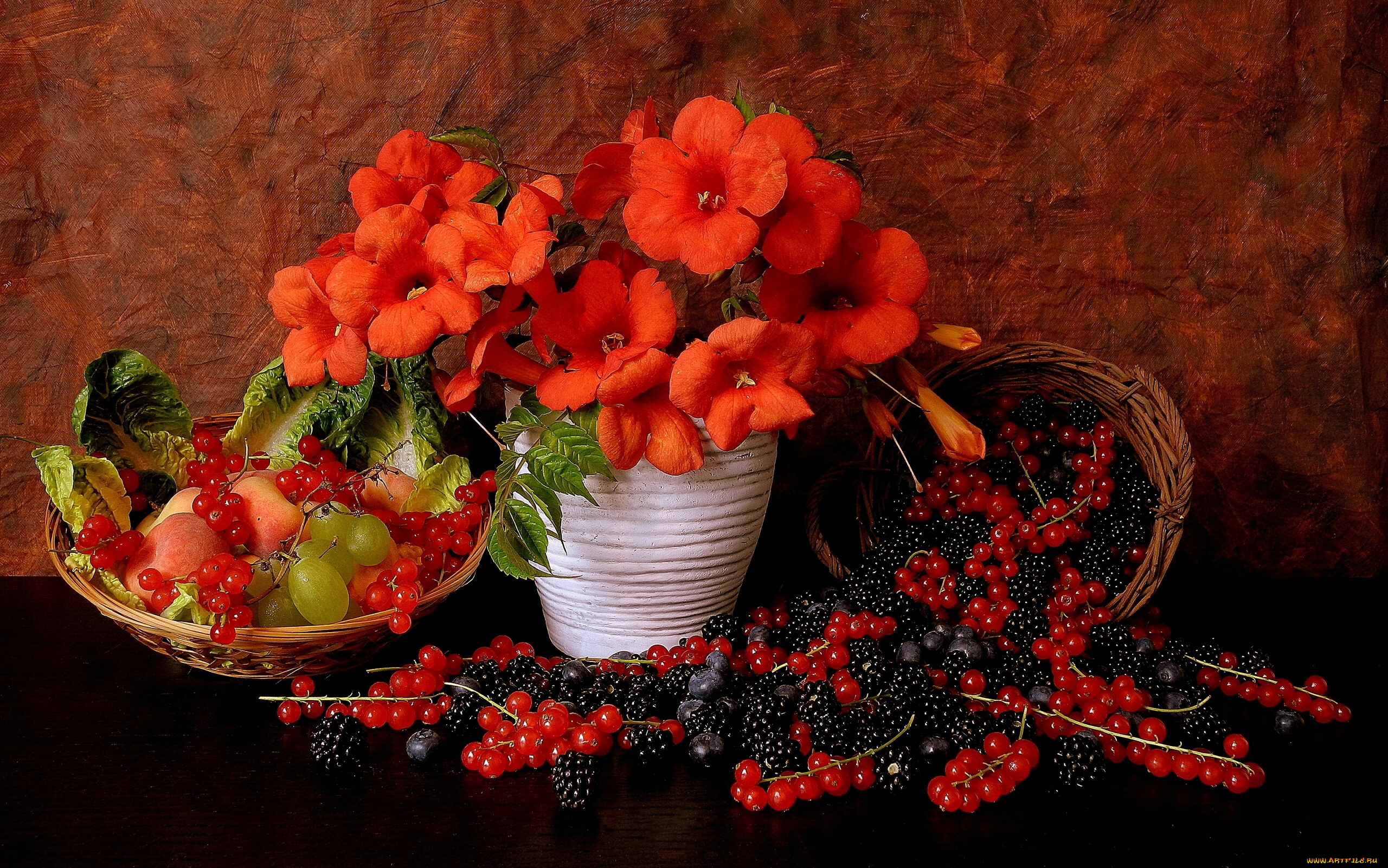еда, фрукты, ягоды, красная, смородина, натюрморт, ежевика, виноград, цветы