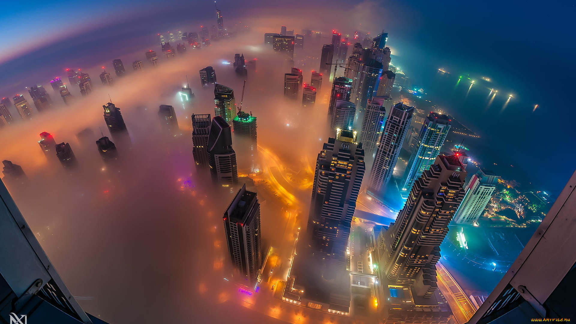 города, дубай, , оаэ, dubai, city, lighting, helicopter, sky, buildings, mist, green, blue, purple, pink, туман, ночь, огни, город, здания, вид, сверху, orange, red, yellow, white, black