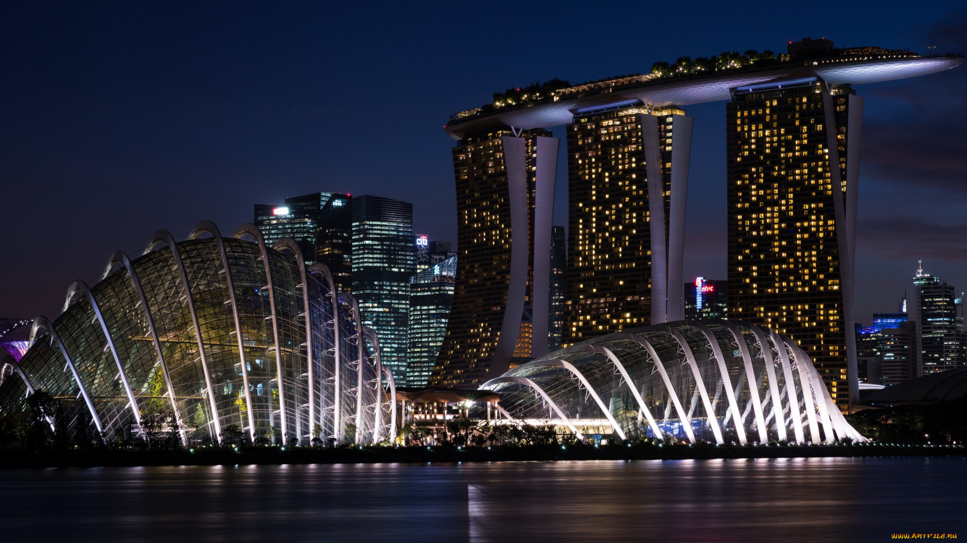 города, сингапур, , сингапур, огни, ночь, сооружение, marina, bay, sands, здания, набережная, река