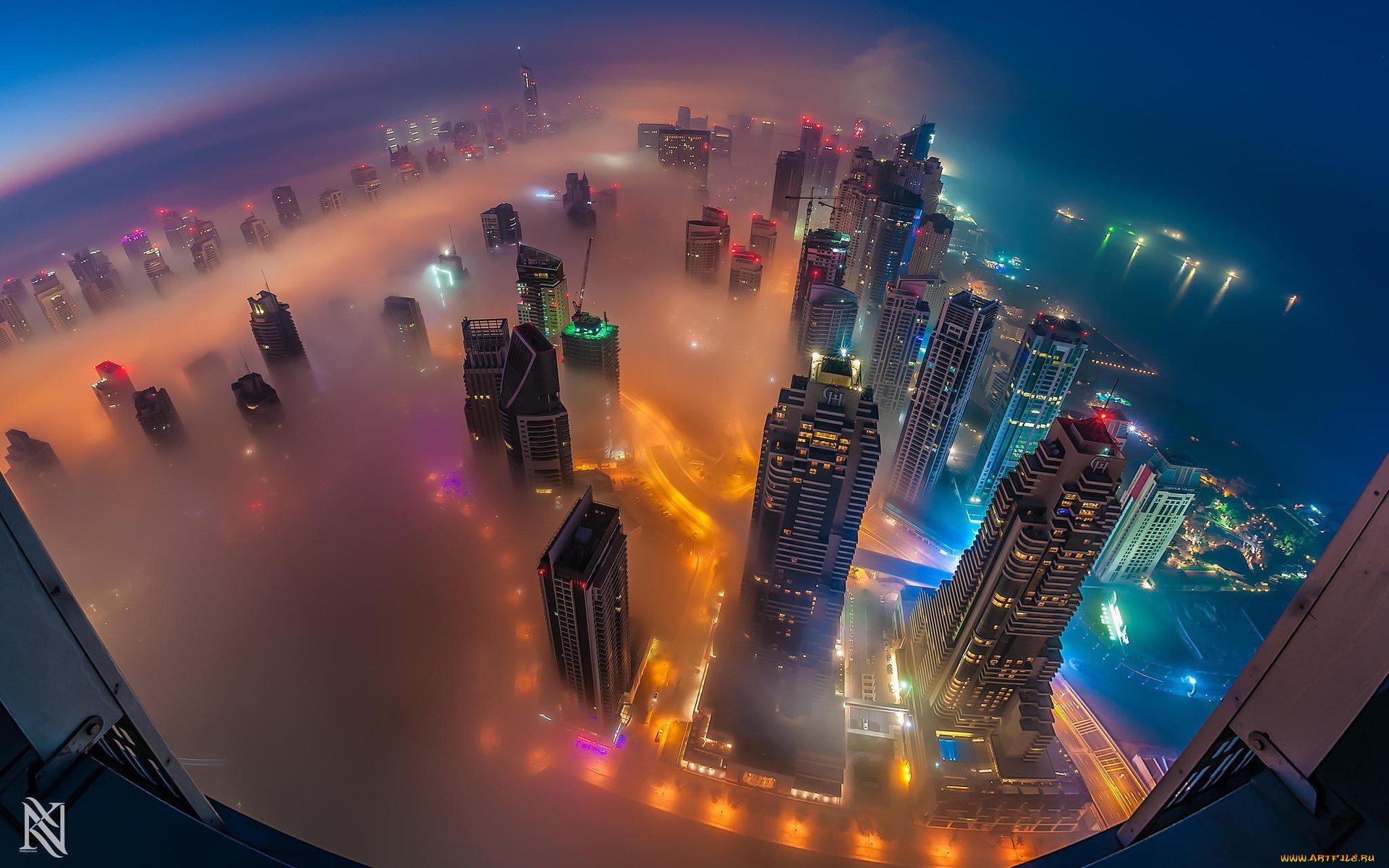 города, дубай, , оаэ, dubai, city, lighting, helicopter, sky, buildings, mist, green, blue, purple, pink, туман, ночь, огни, город, здания, вид, сверху, orange, red, yellow, white, black