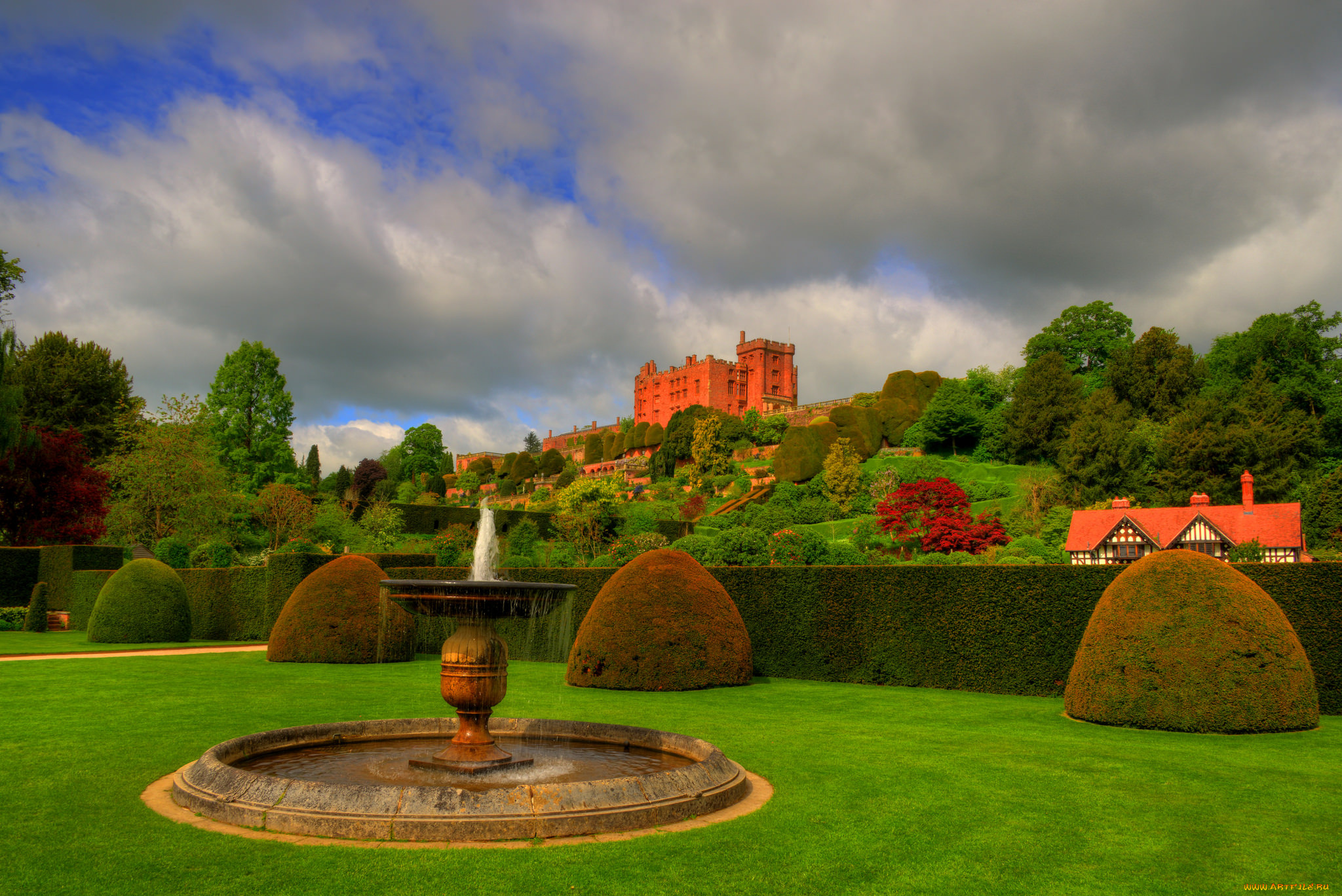 powis, castle, города, замки, англии, парк, холм, замок