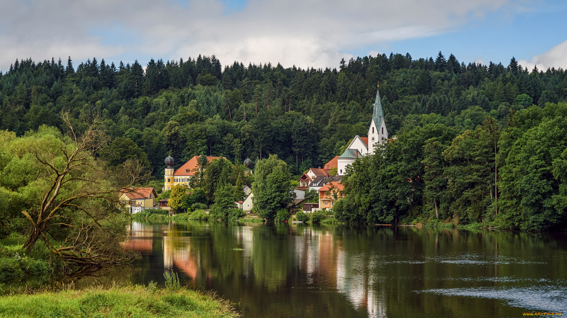 германия, города, -, пейзажи, водоем, деревья, облака, здания