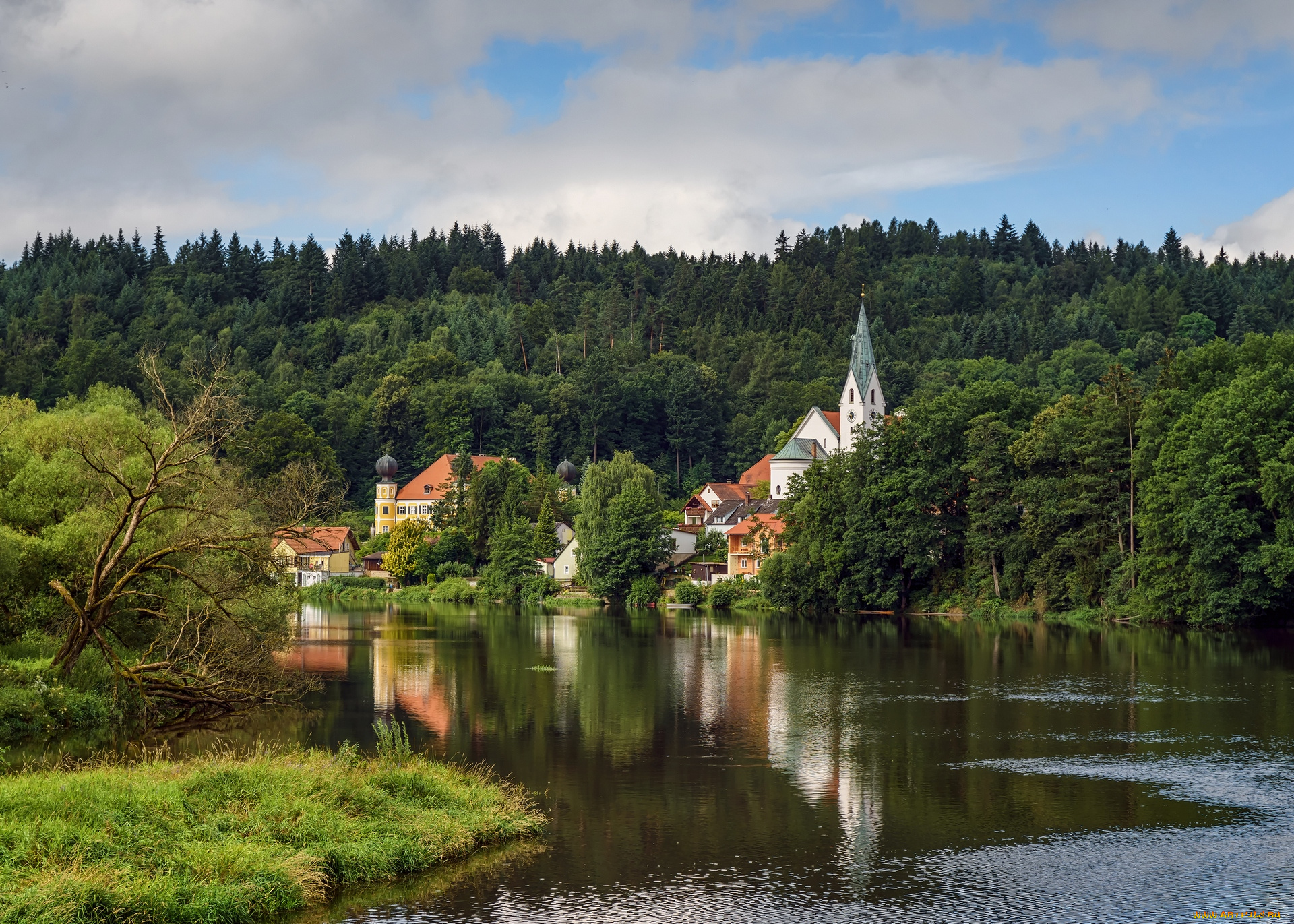 германия, города, -, пейзажи, водоем, деревья, облака, здания