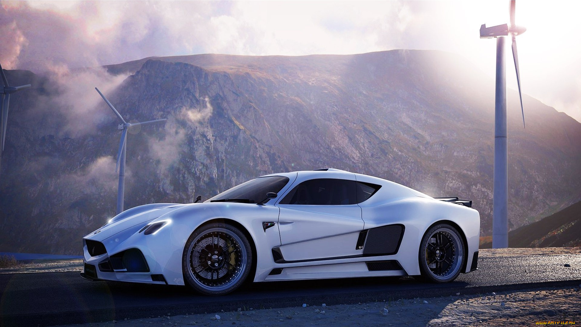 mazzanti, evantra, v8, автомобили, mazzanti, белый, горы, ветрогенераторы