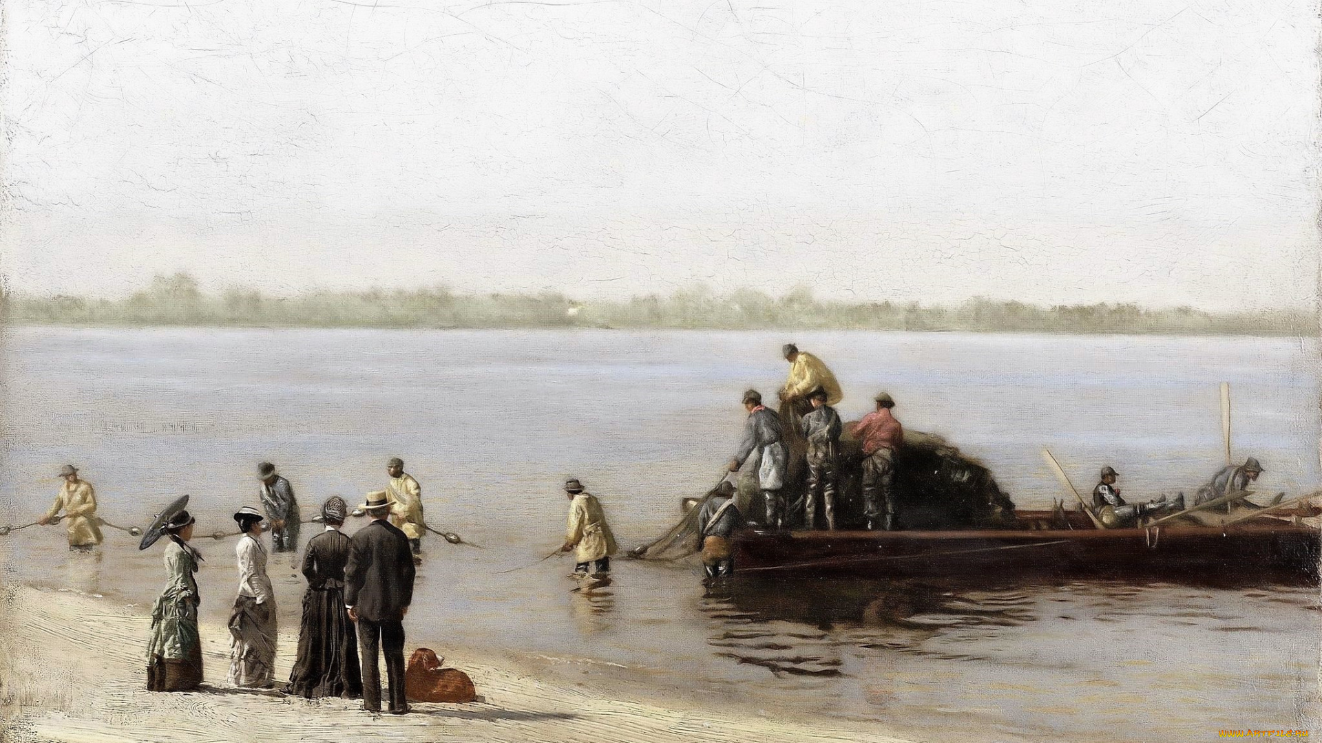 рисованное, thomas, eakins, река, лодка, люди