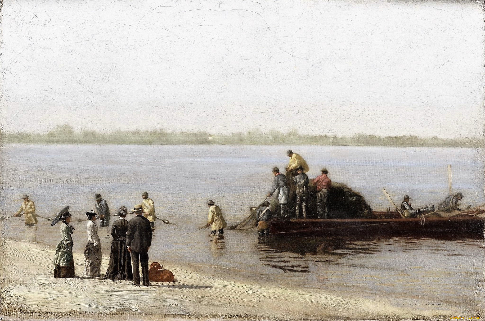 рисованное, thomas, eakins, река, лодка, люди