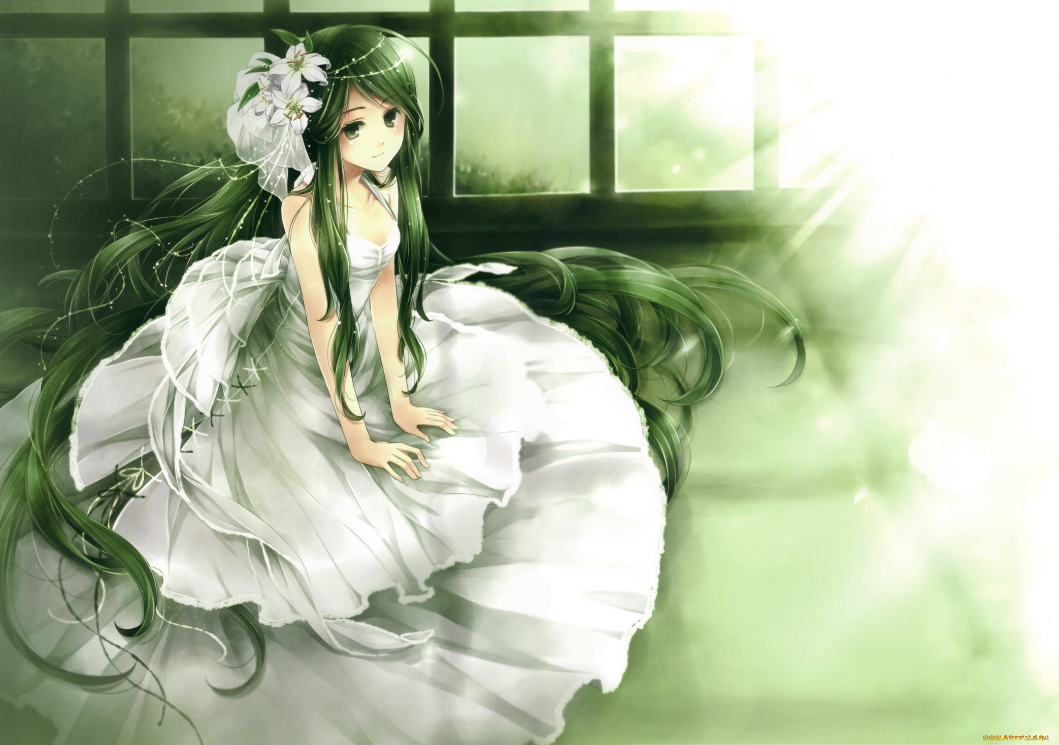 аниме, *unknown, другое, цветы, зеленые, волосы, платье, девушка, невеста