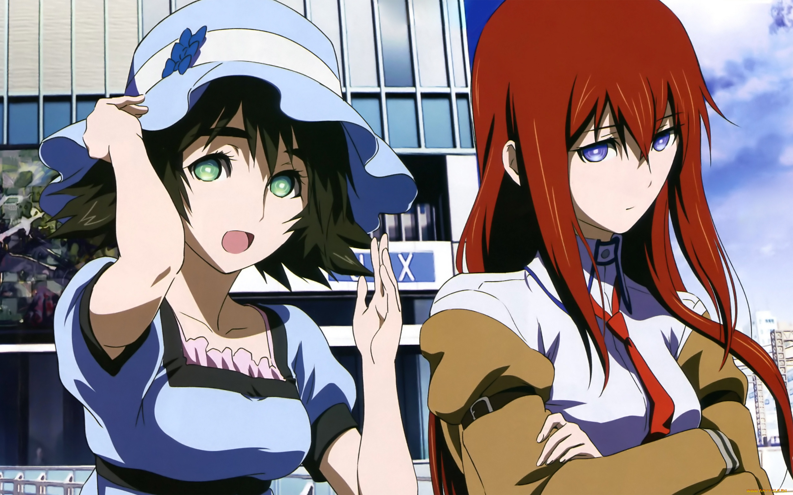 аниме, steins, gate, рижая, шляпа, девушки