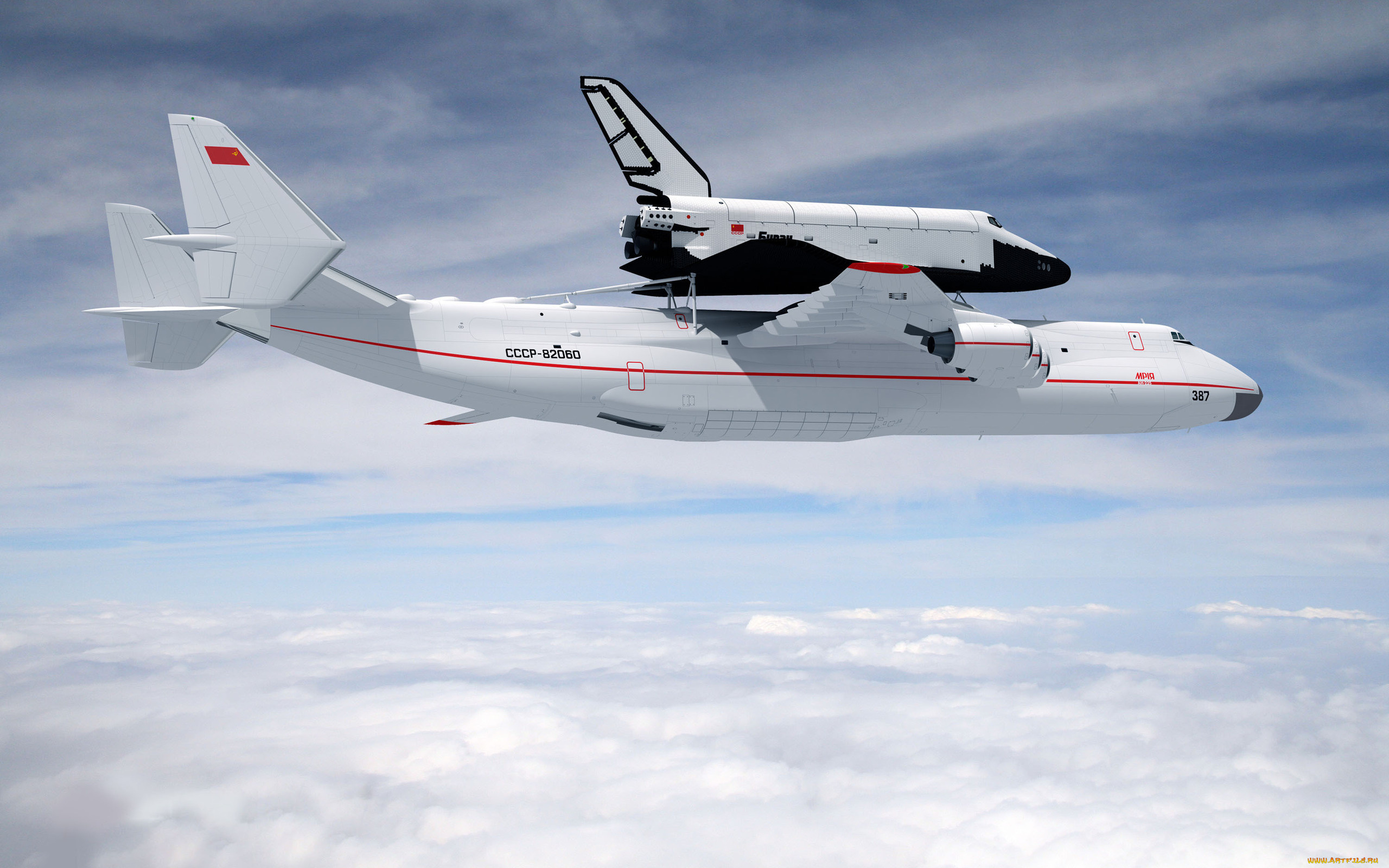 авиация, 3д, рисованые, graphic, ан-225, мрия, буран, облака, полёт