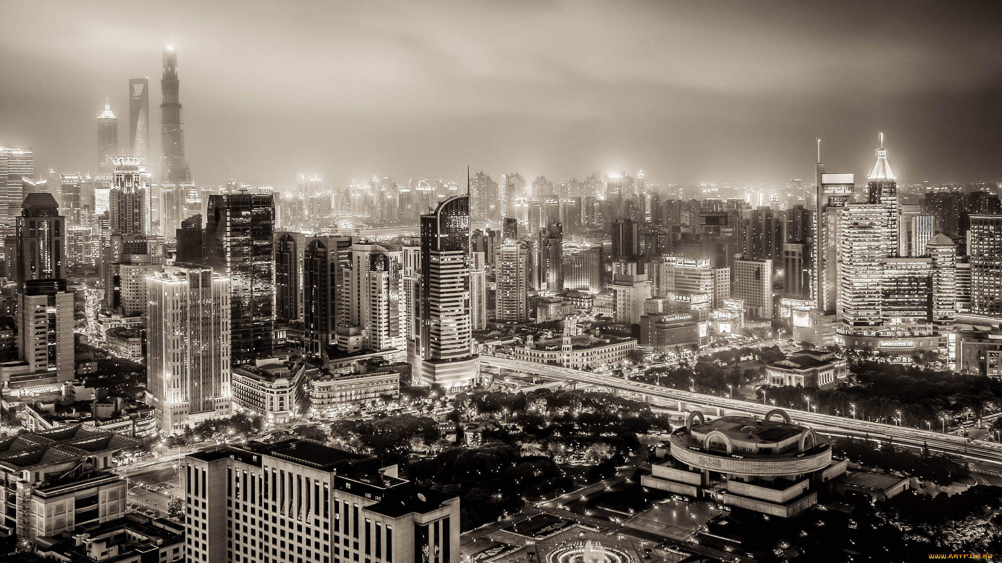 huangpu, shanghai, china, города, шанхай, китай, хуанпу, ночной, город, здания, панорама, чёрно-белая