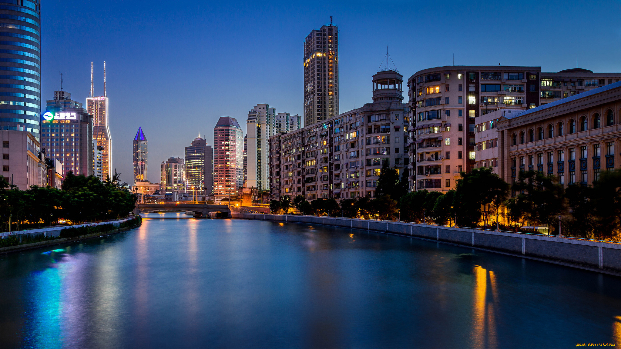 huangpu, shanghai, china, города, шанхай, китай, ночной, город, река, сучжоухэ, хуанпу, suzhou, creek, здания, набережная, мост