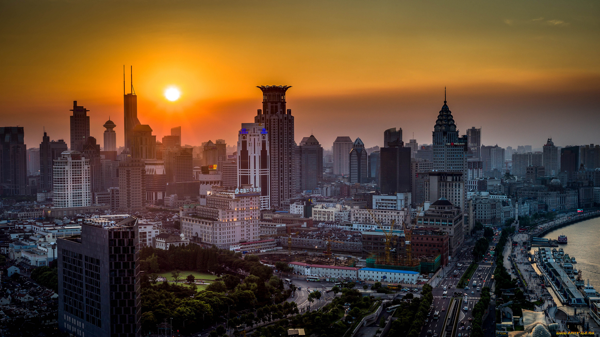 shanghai, china, города, шанхай, китай, закат, здания, небоскрёбы, панорама