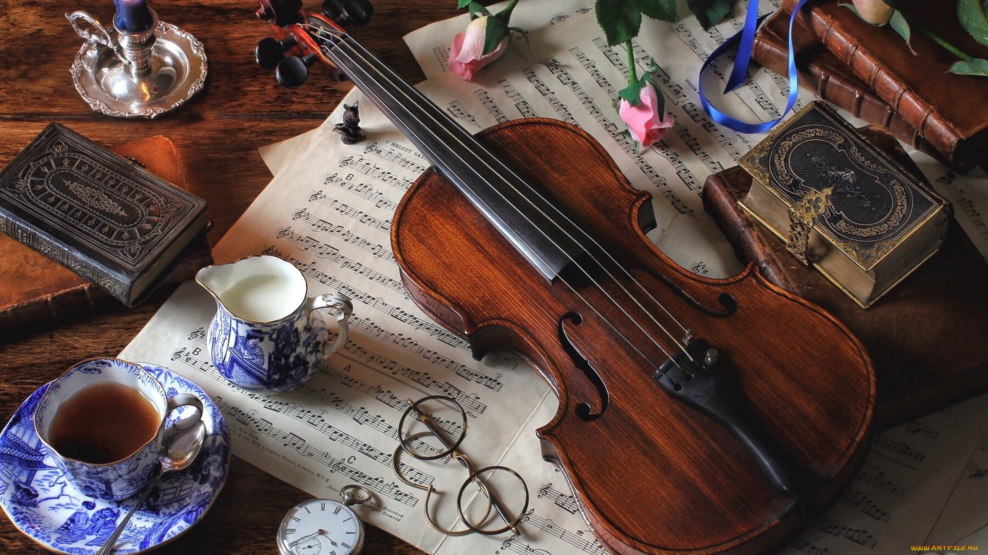 музыка, -музыкальные, инструменты, очки, ноты, скрипка, натюрморт, молоко, часы, книги, розы, чай